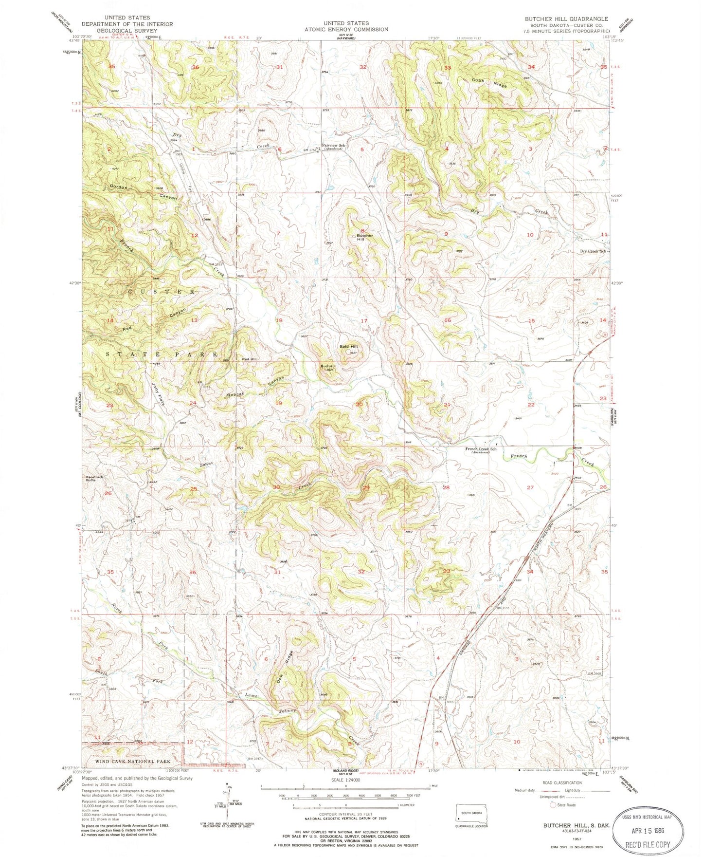 Classic USGS Butcher Hill South Dakota 7.5'x7.5' Topo Map Image