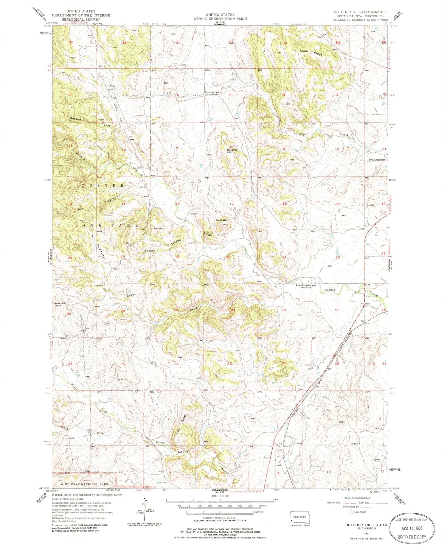 Classic USGS Butcher Hill South Dakota 7.5'x7.5' Topo Map Image