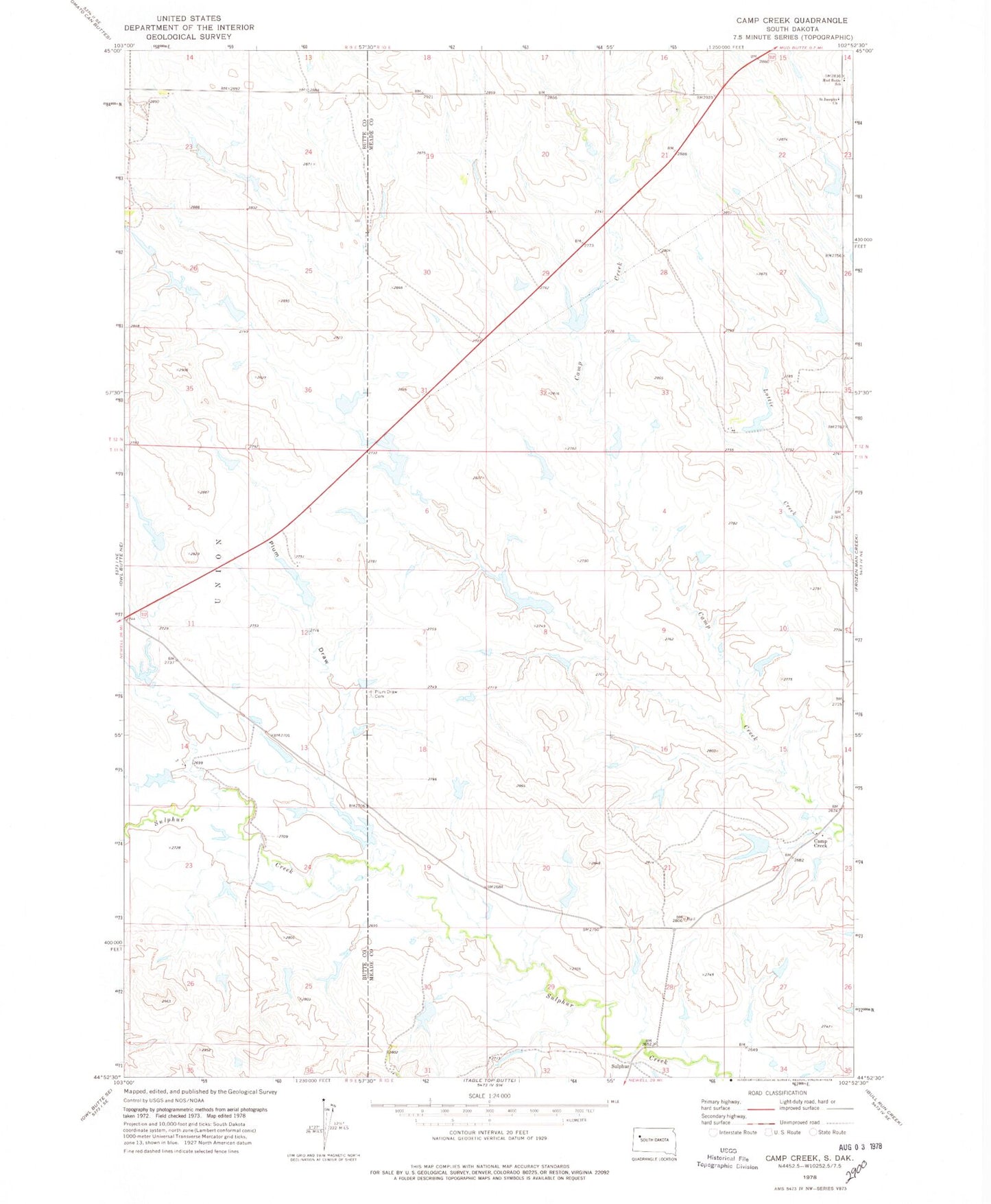 Classic USGS Camp Creek South Dakota 7.5'x7.5' Topo Map Image