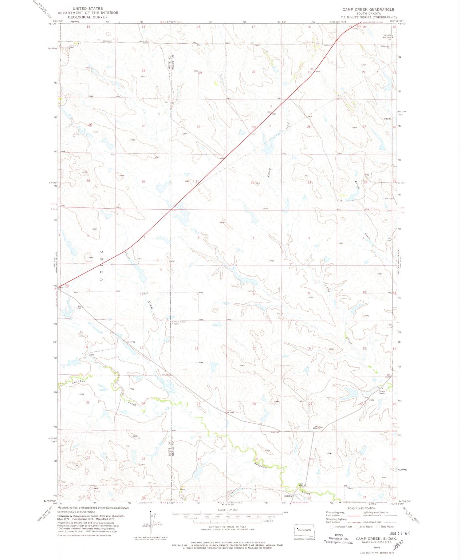 Classic USGS Camp Creek South Dakota 7.5'x7.5' Topo Map Image