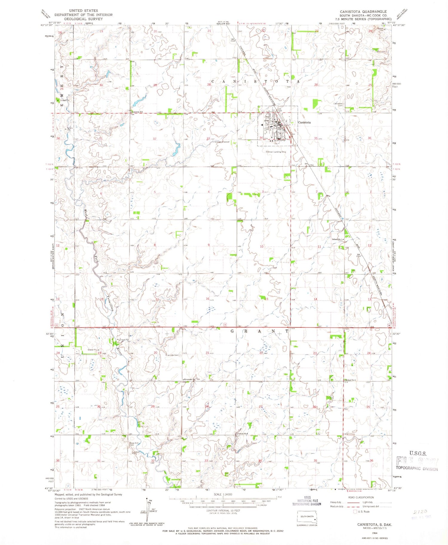 Classic USGS Canistota South Dakota 7.5'x7.5' Topo Map Image