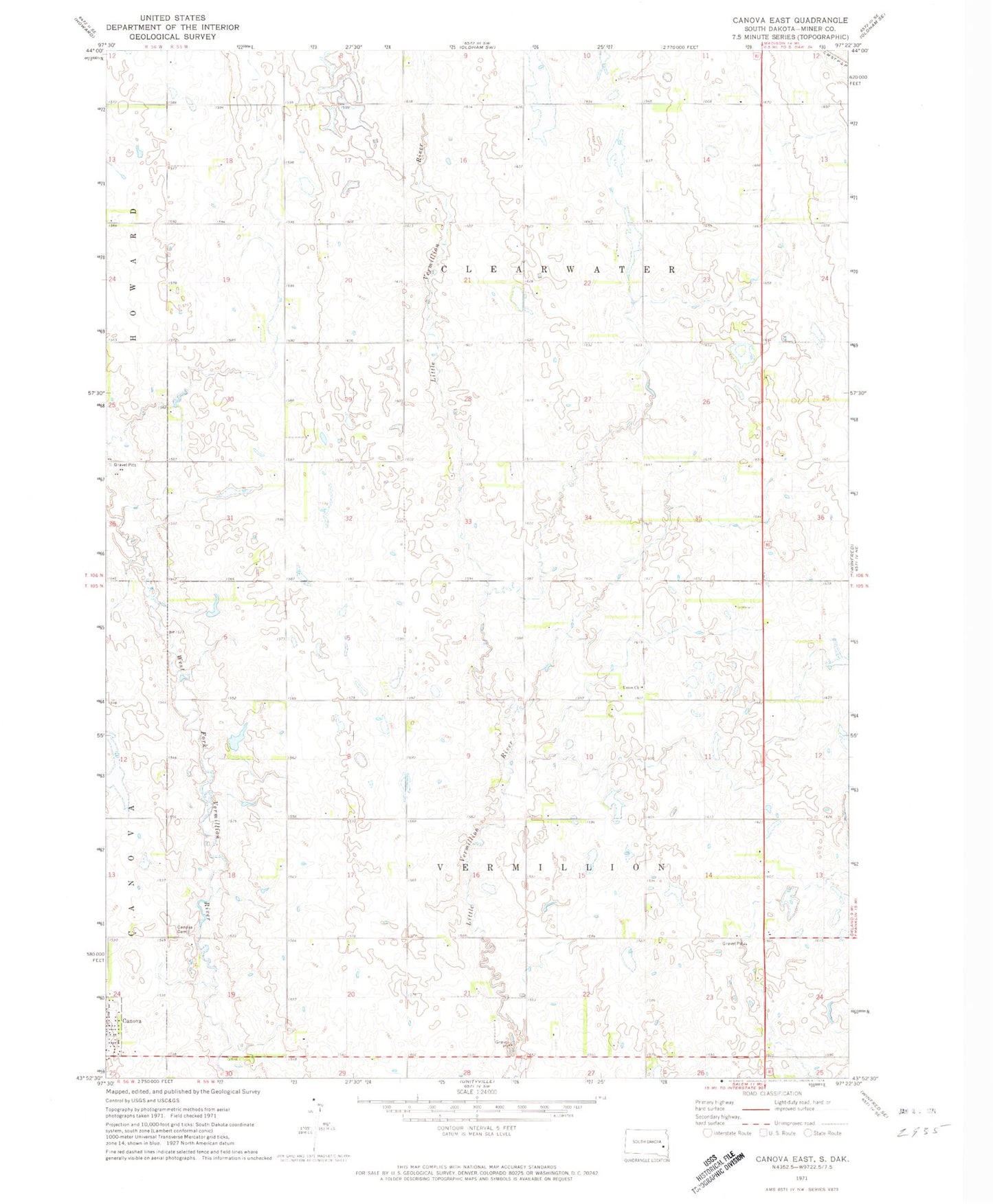 Classic USGS Canova East South Dakota 7.5'x7.5' Topo Map Image