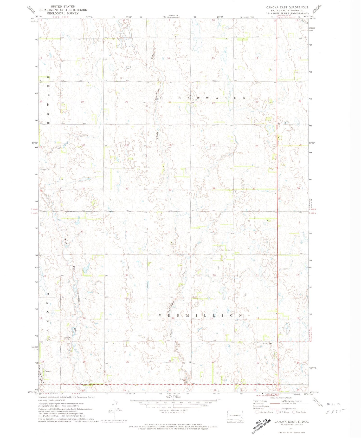 Classic USGS Canova East South Dakota 7.5'x7.5' Topo Map Image