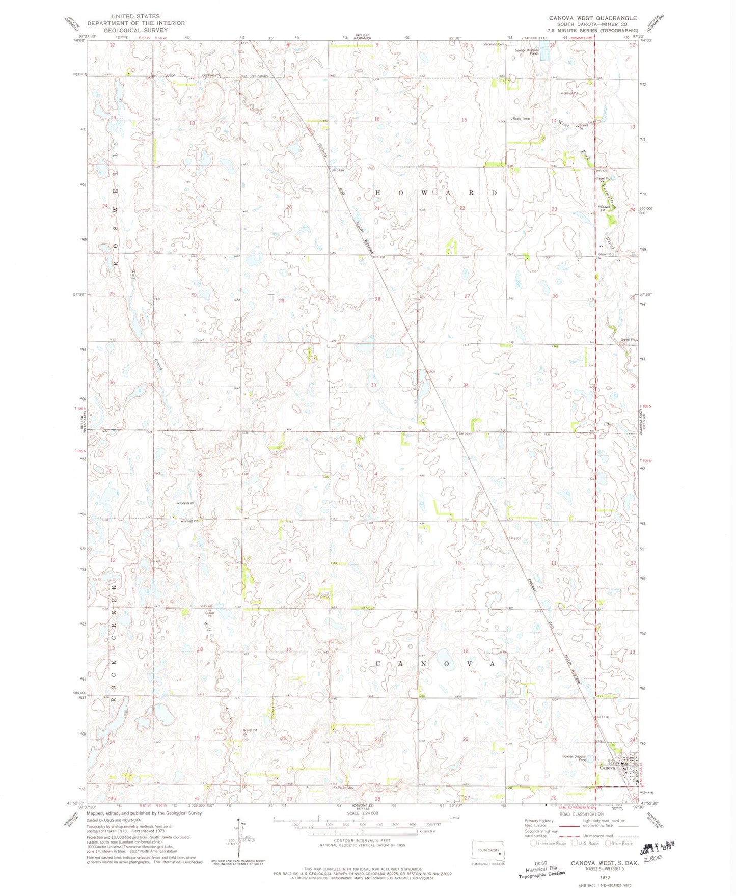 Classic USGS Canova West South Dakota 7.5'x7.5' Topo Map Image