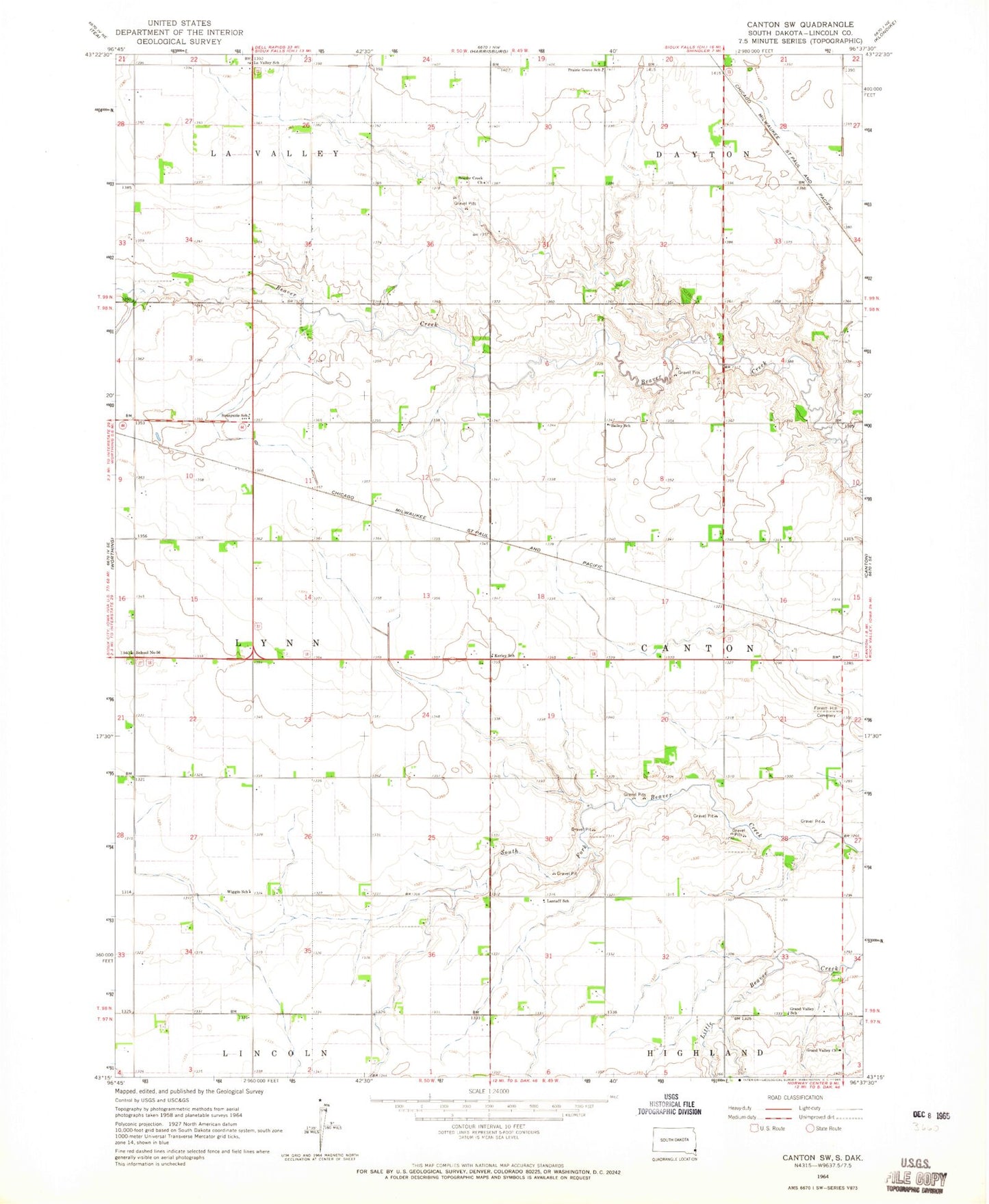 Classic USGS Canton SW South Dakota 7.5'x7.5' Topo Map Image