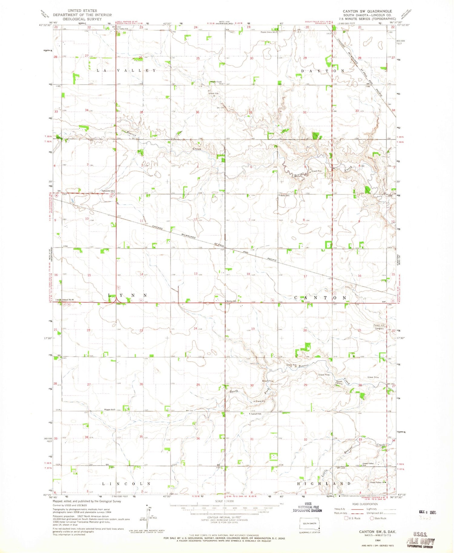 Classic USGS Canton SW South Dakota 7.5'x7.5' Topo Map Image