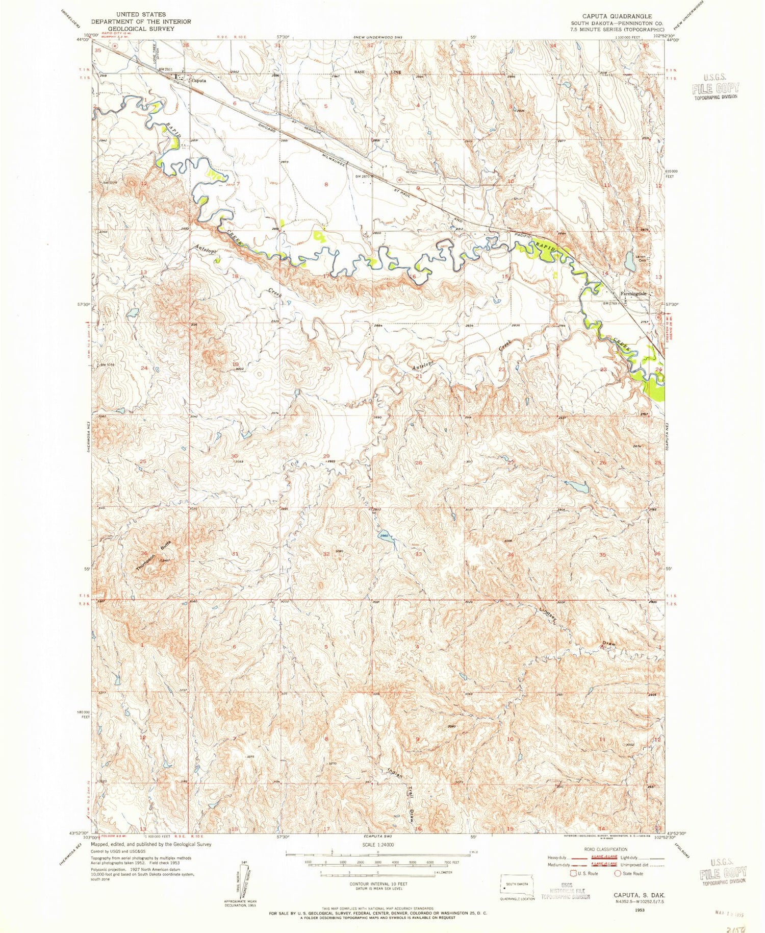 Classic USGS Caputa South Dakota 7.5'x7.5' Topo Map Image