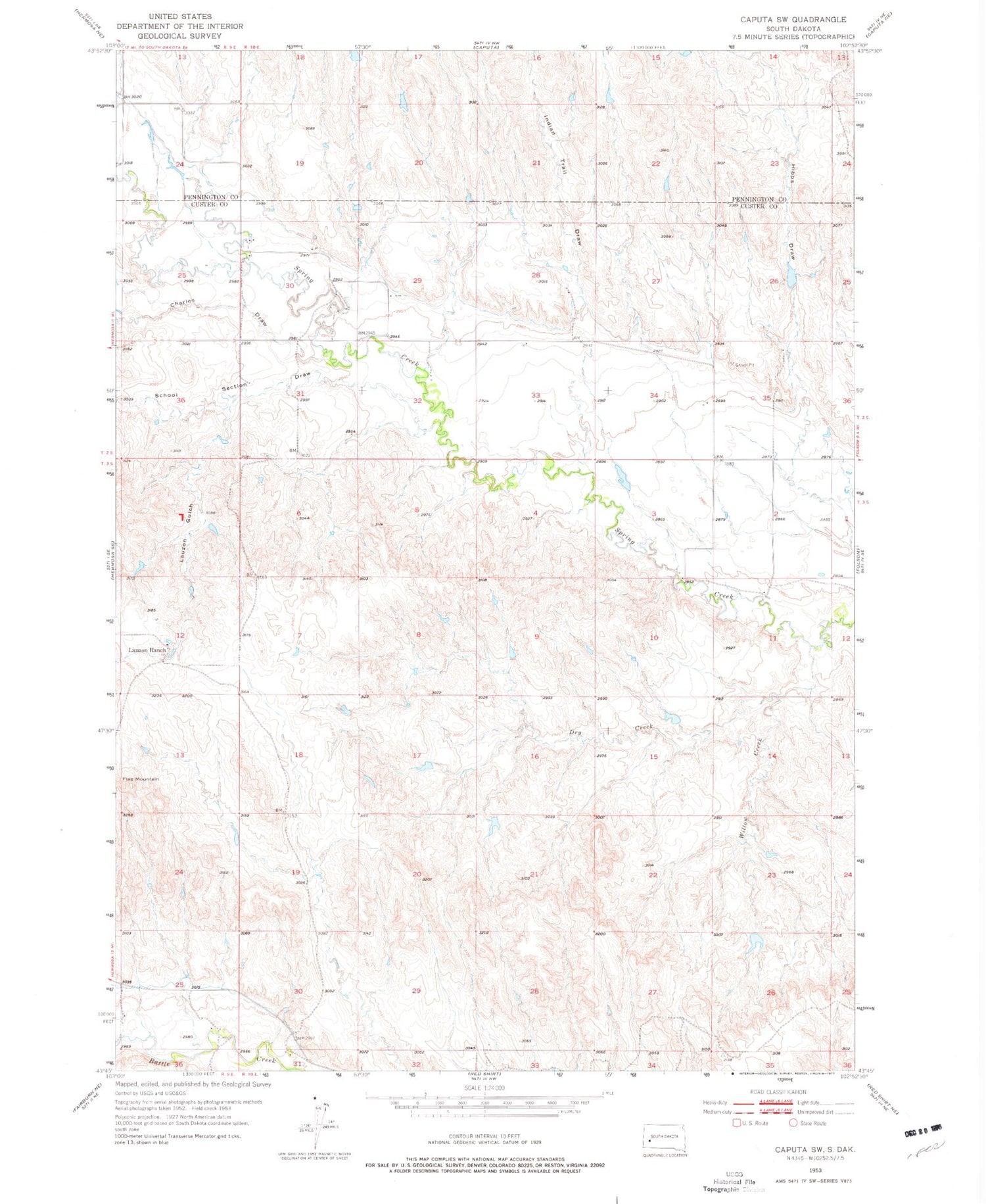 Classic USGS Caputa SW South Dakota 7.5'x7.5' Topo Map Image