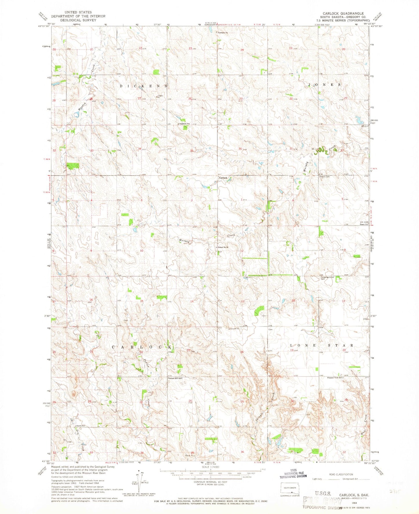 Classic USGS Carlock South Dakota 7.5'x7.5' Topo Map Image
