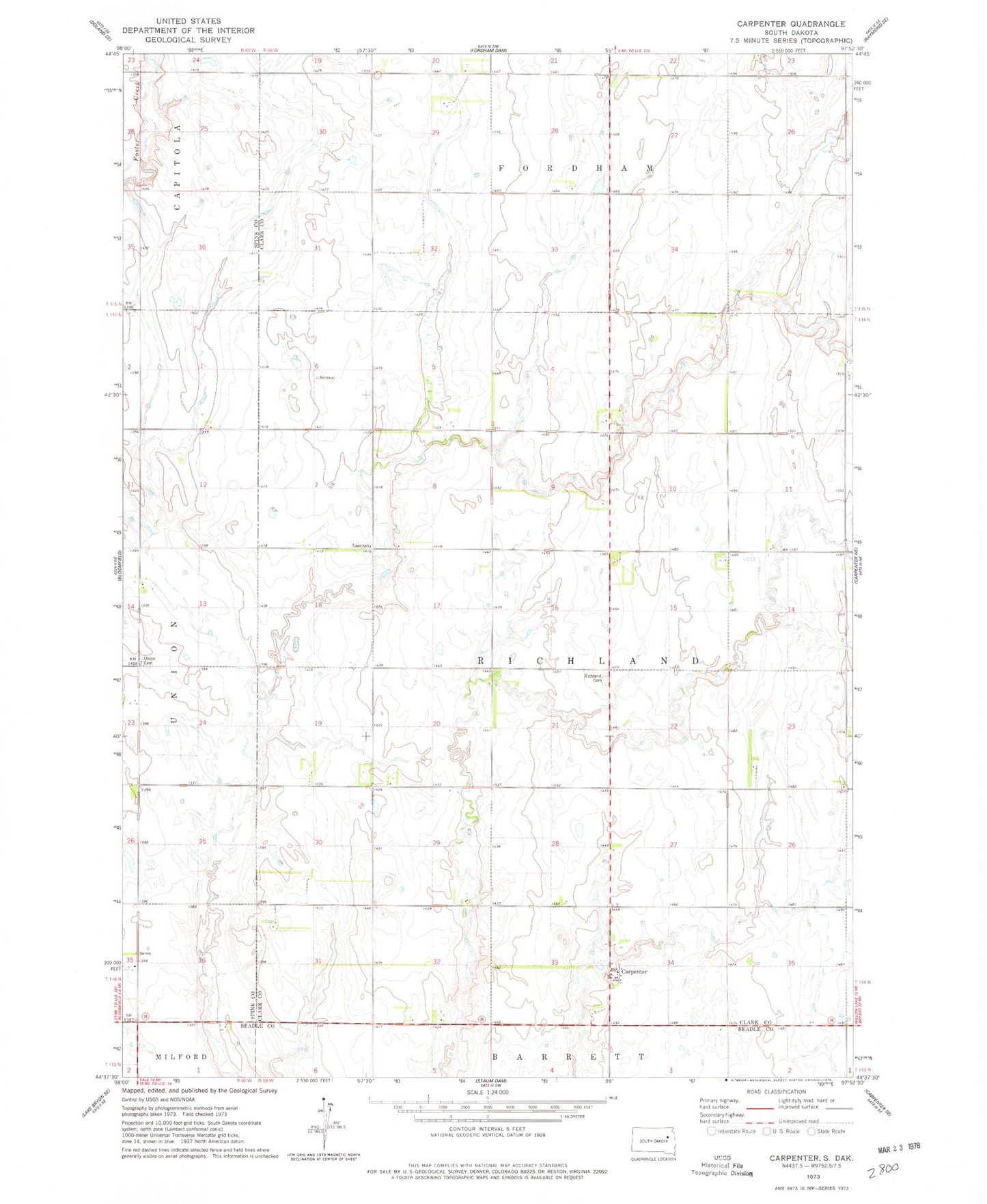 Classic USGS Carpenter South Dakota 7.5'x7.5' Topo Map Image