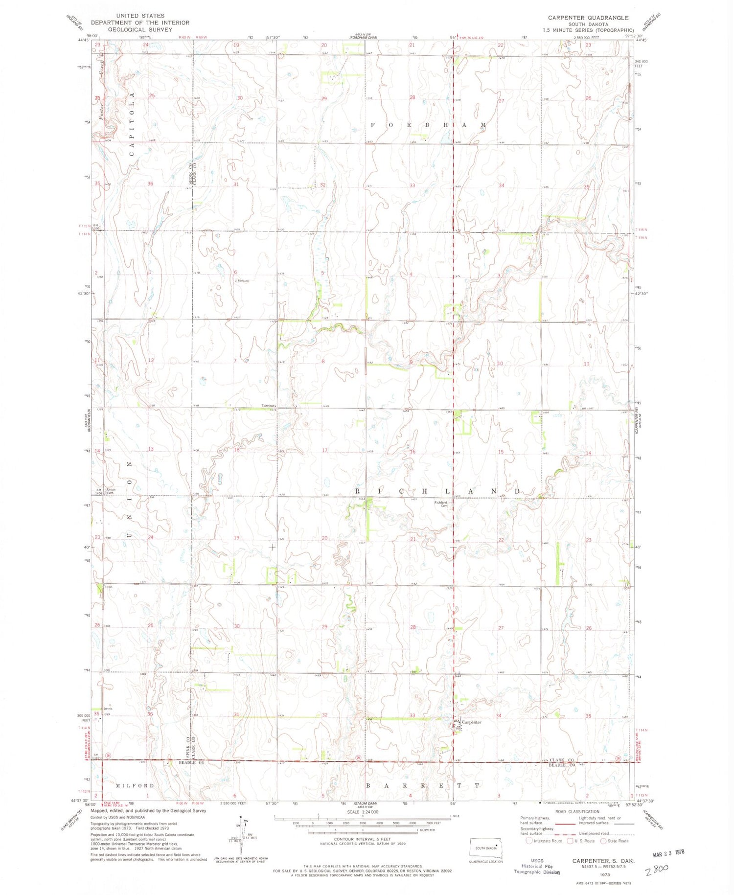 Classic USGS Carpenter South Dakota 7.5'x7.5' Topo Map Image