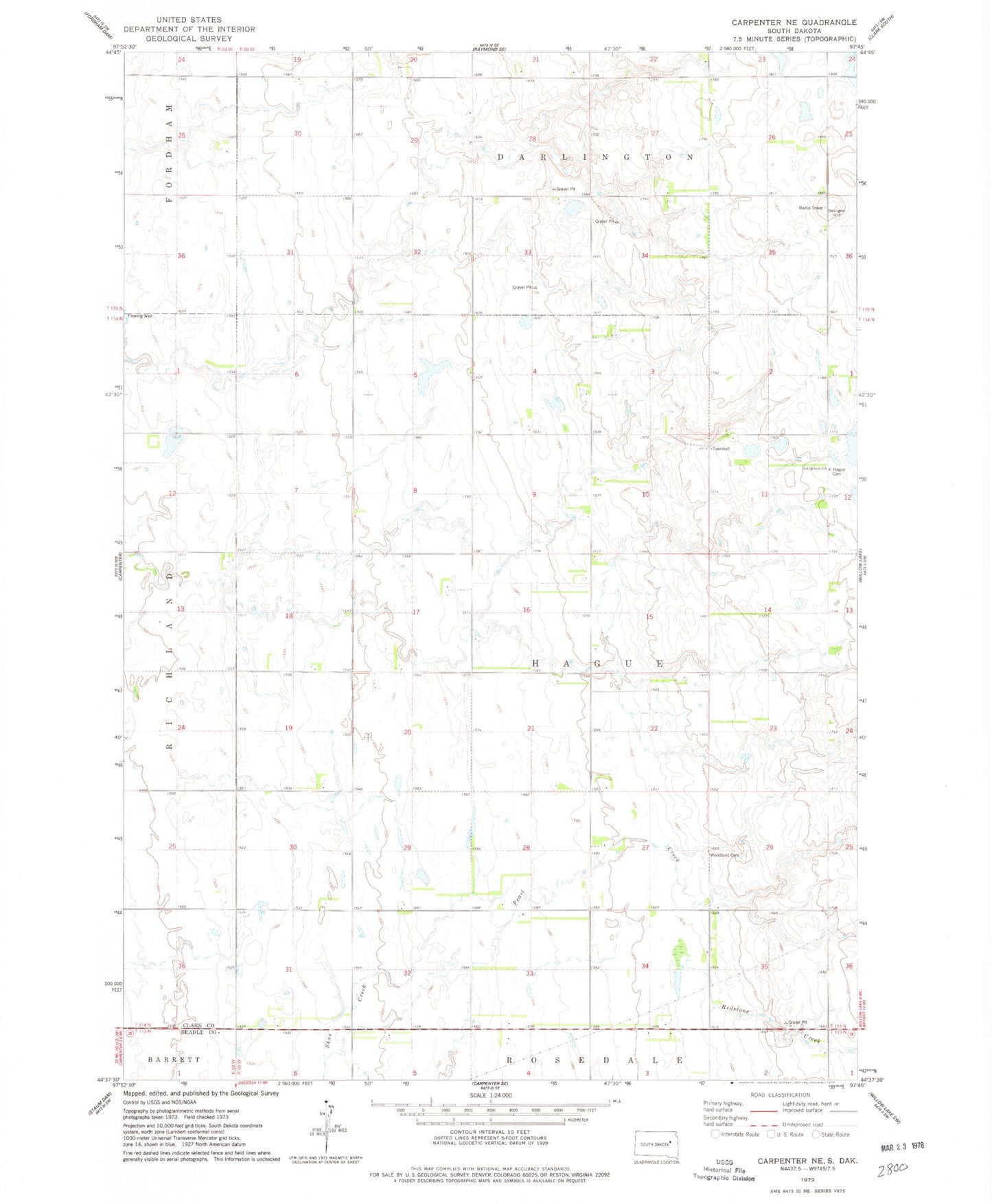 Classic USGS Carpenter NE South Dakota 7.5'x7.5' Topo Map Image
