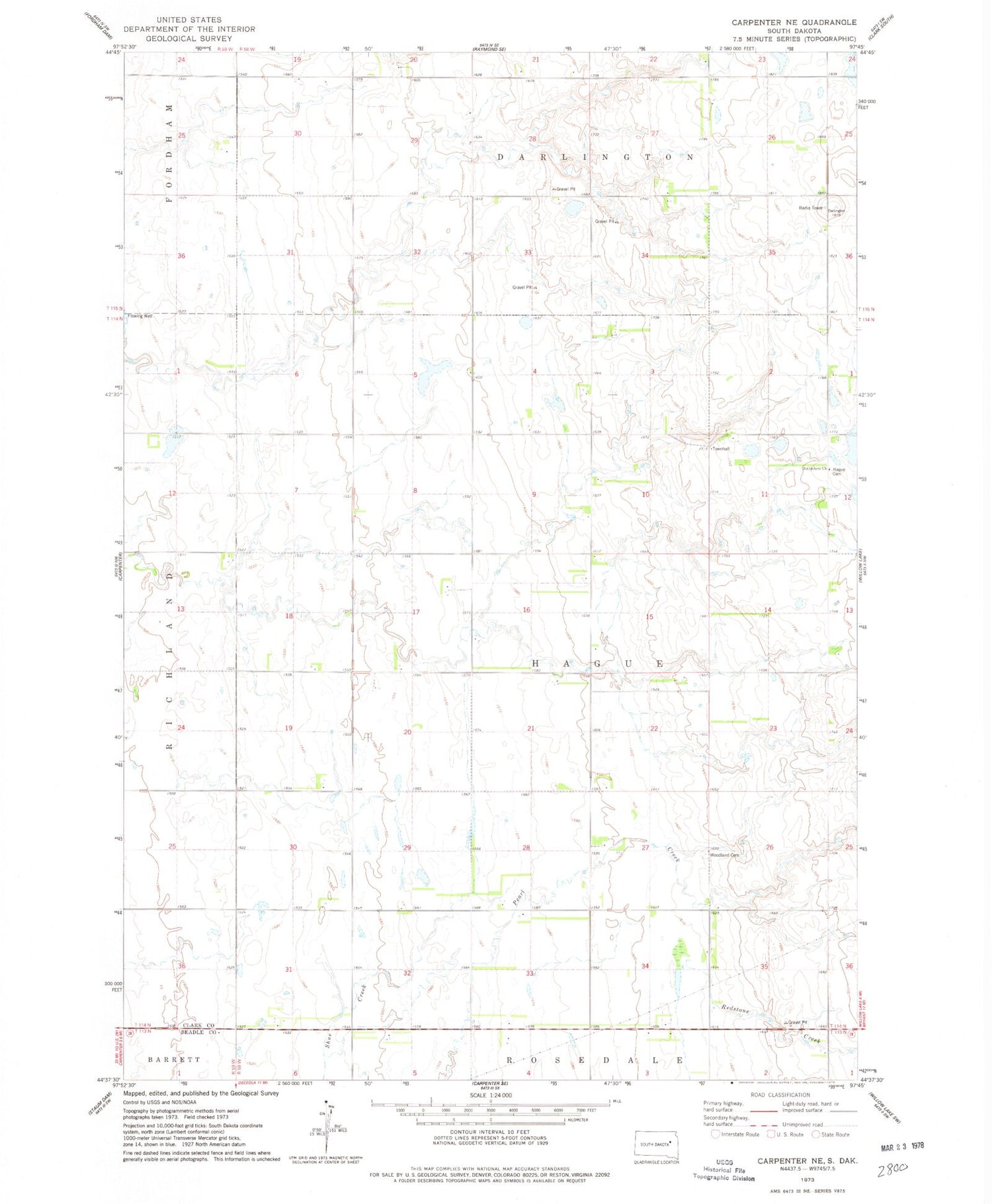 Classic USGS Carpenter NE South Dakota 7.5'x7.5' Topo Map Image