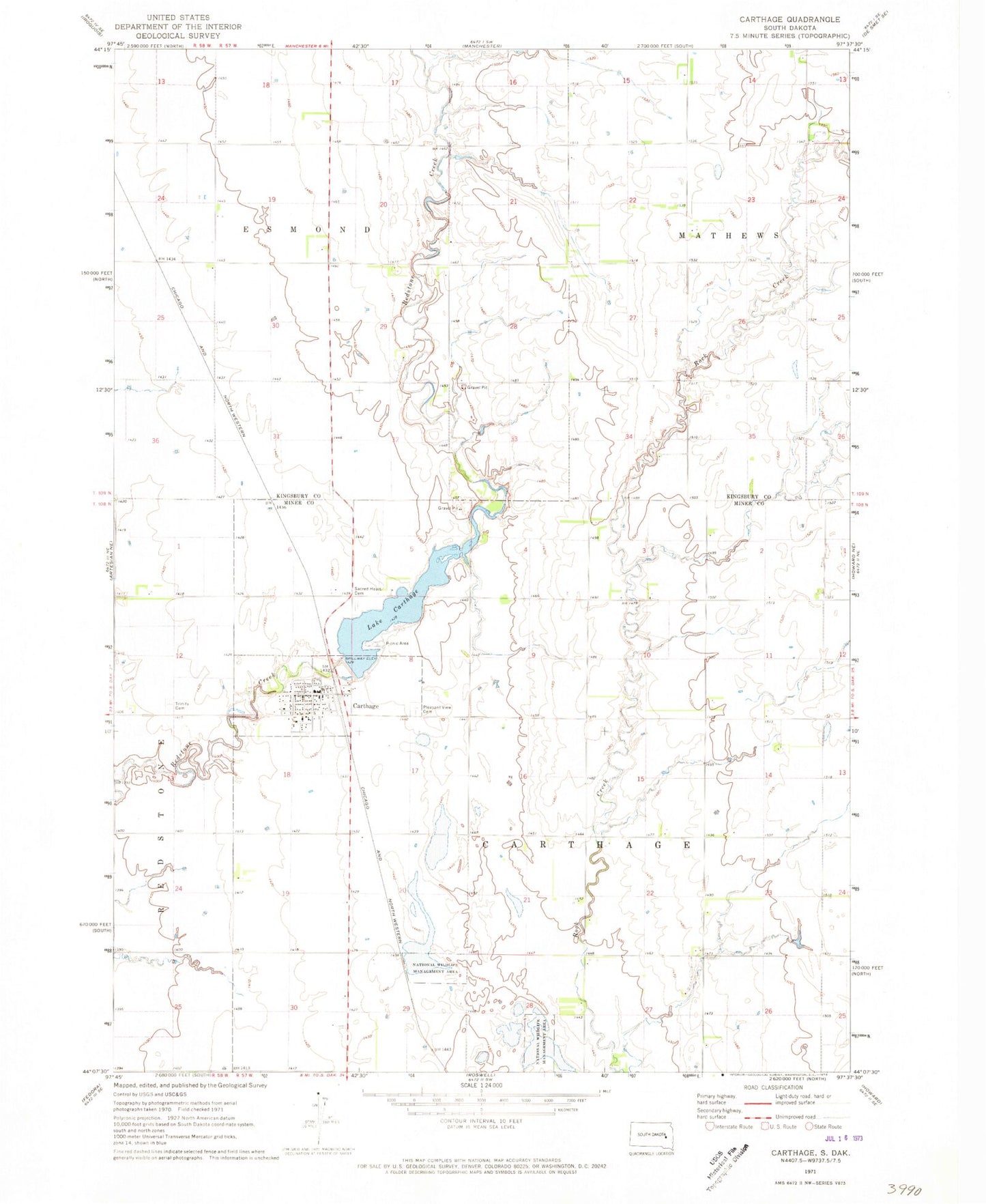 Classic USGS Carthage South Dakota 7.5'x7.5' Topo Map Image