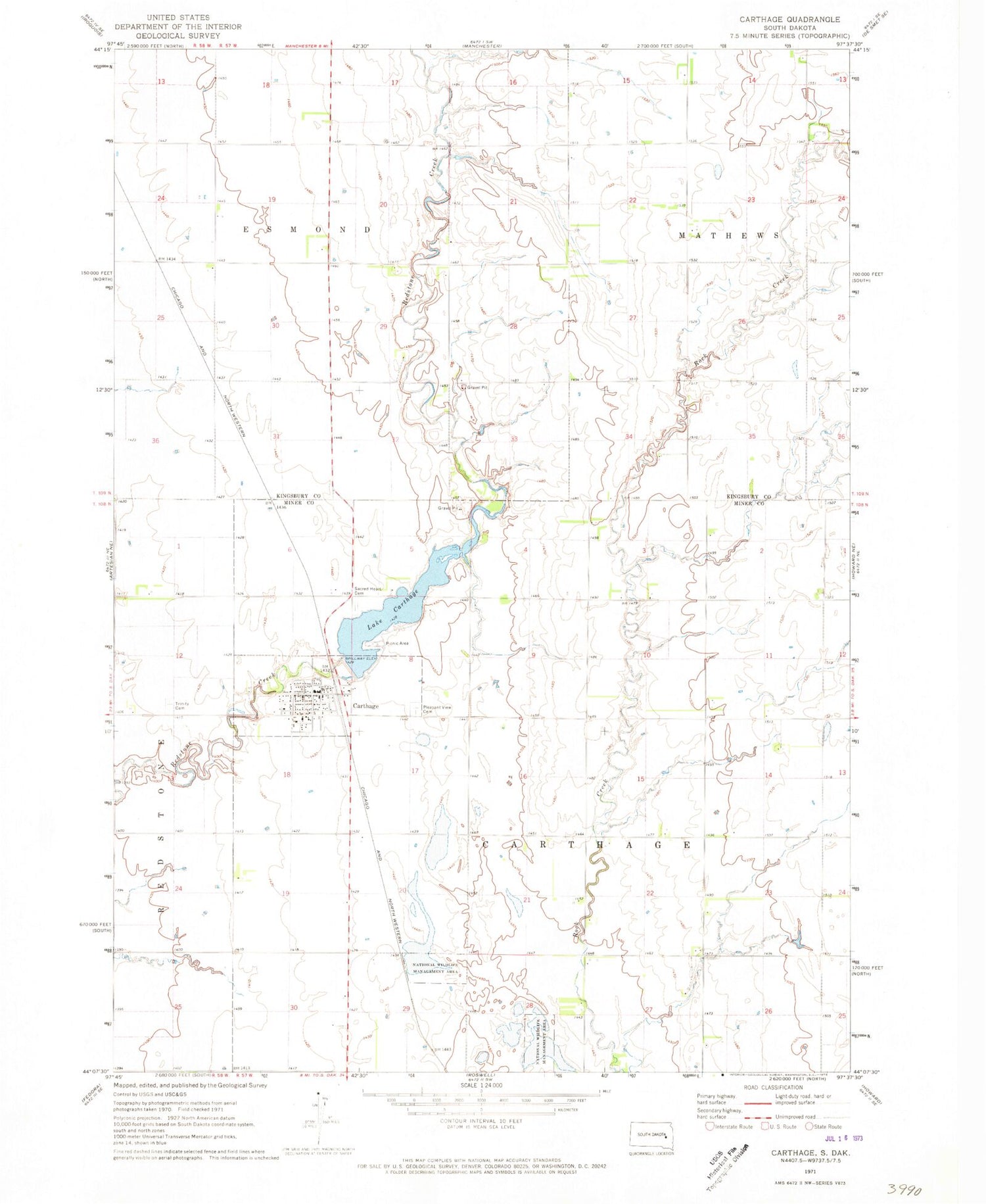 Classic USGS Carthage South Dakota 7.5'x7.5' Topo Map Image