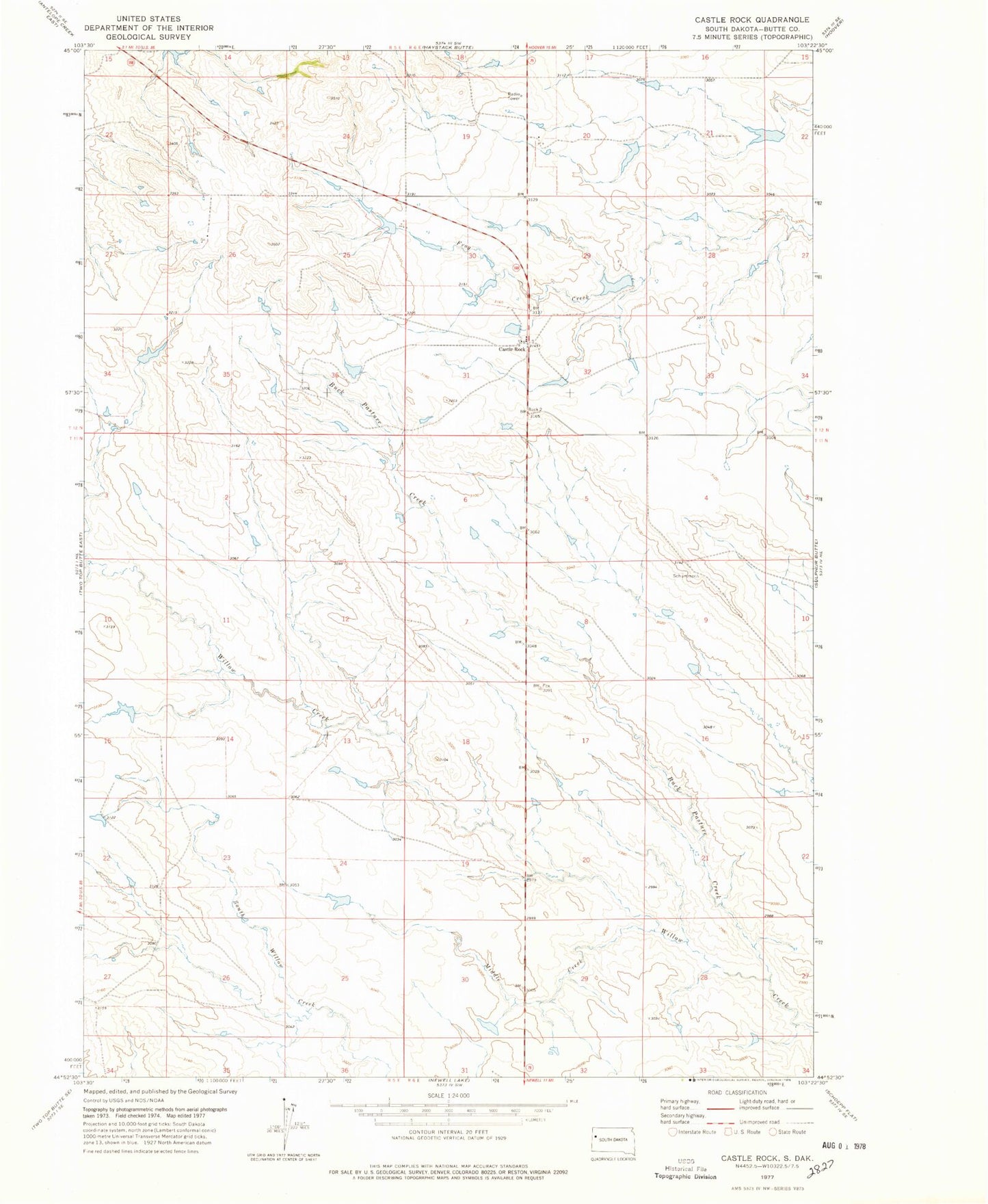 Classic USGS Castle Rock South Dakota 7.5'x7.5' Topo Map Image