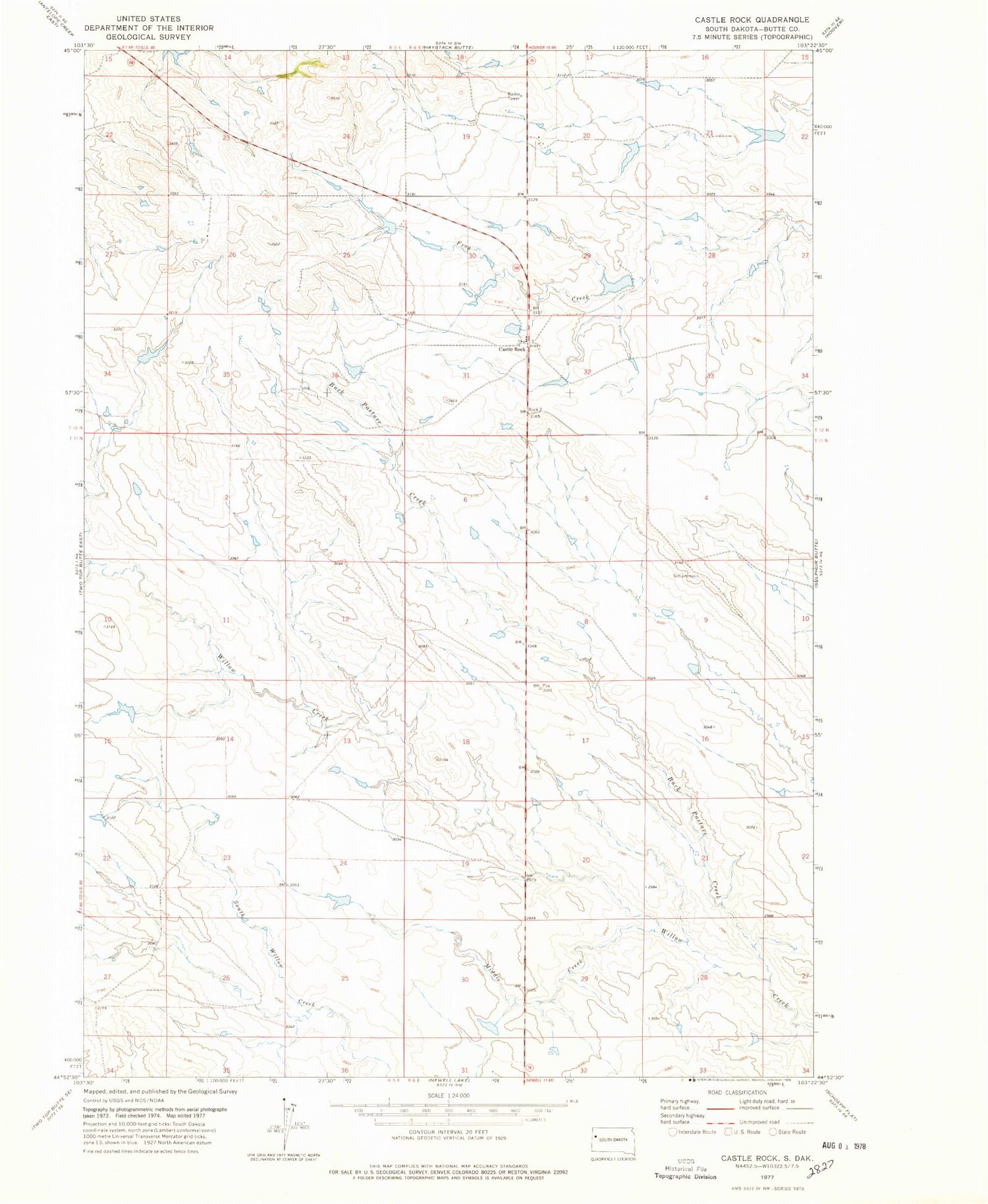 Classic USGS Castle Rock South Dakota 7.5'x7.5' Topo Map Image