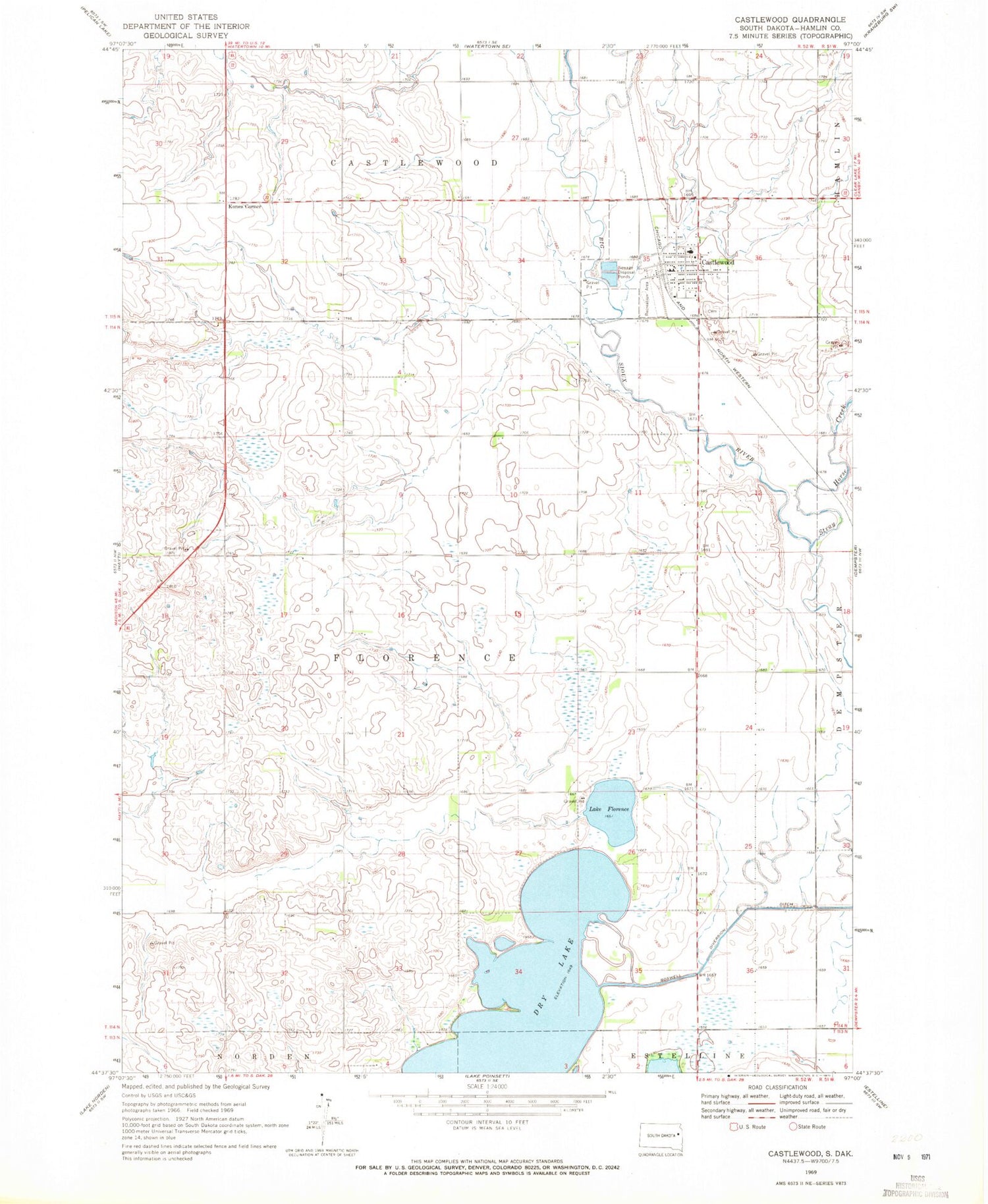 Classic USGS Castlewood South Dakota 7.5'x7.5' Topo Map Image