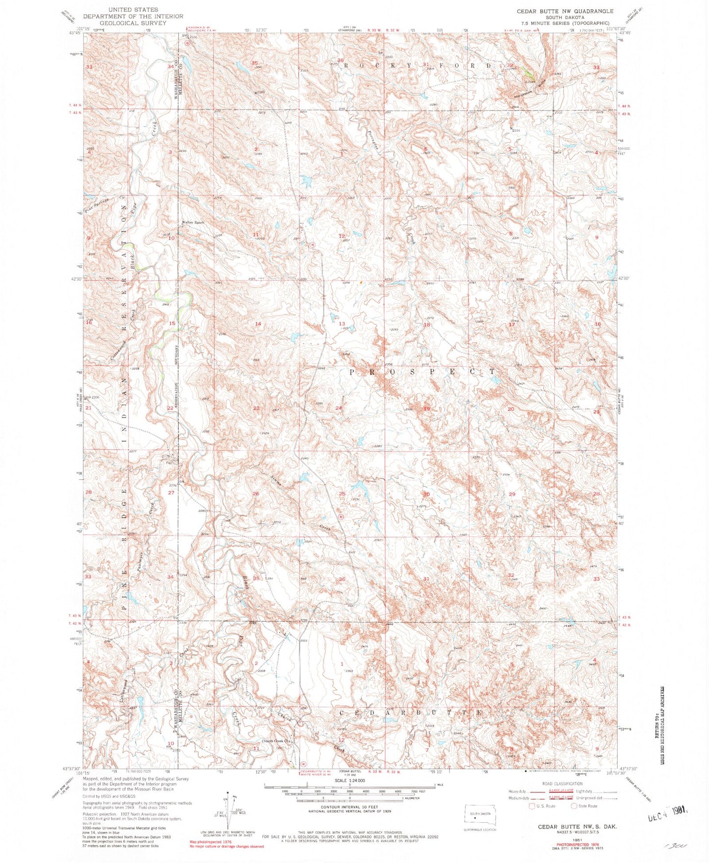 Classic USGS Cedar Butte NW South Dakota 7.5'x7.5' Topo Map Image