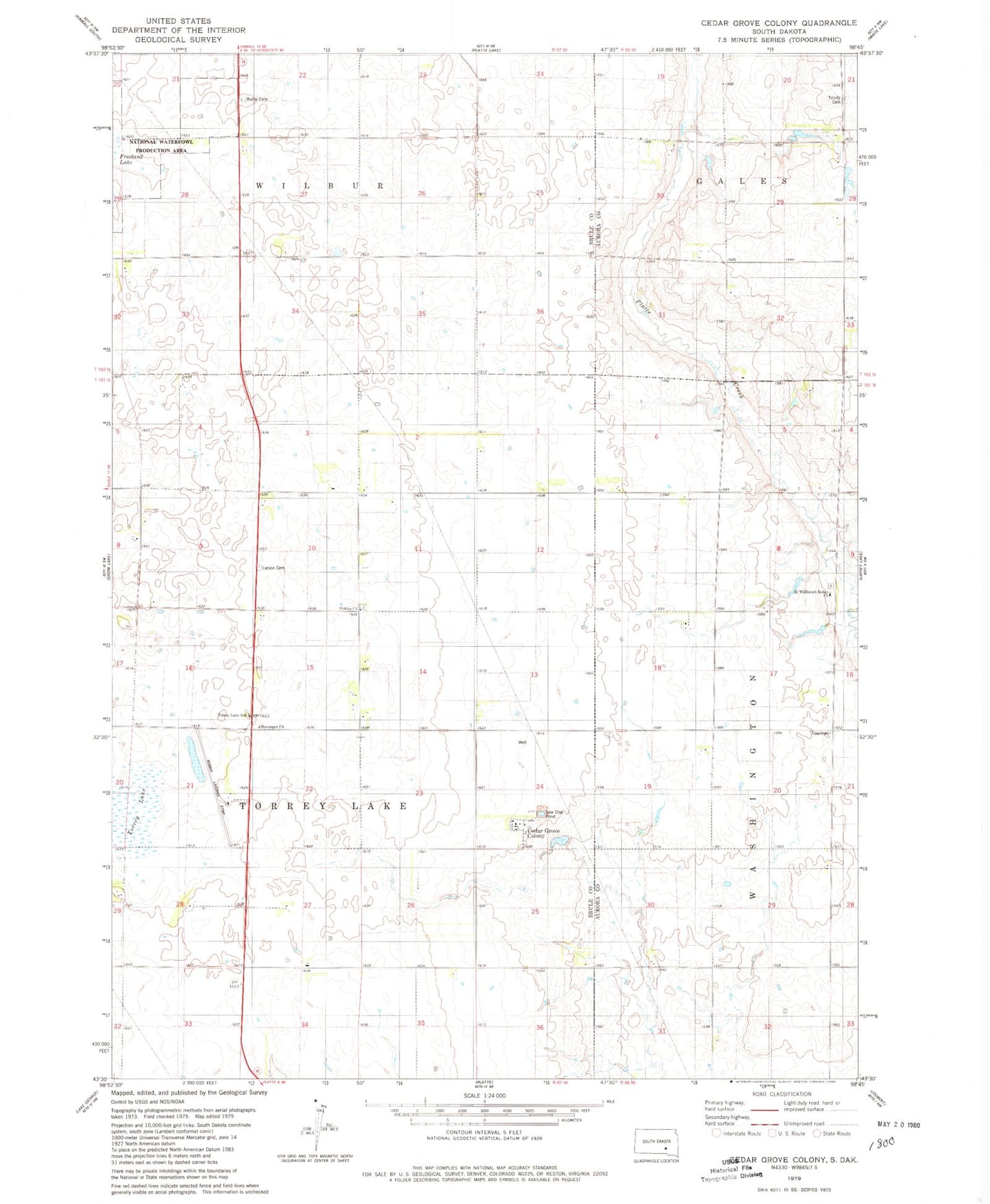 Classic USGS Cedar Grove Colony South Dakota 7.5'x7.5' Topo Map Image