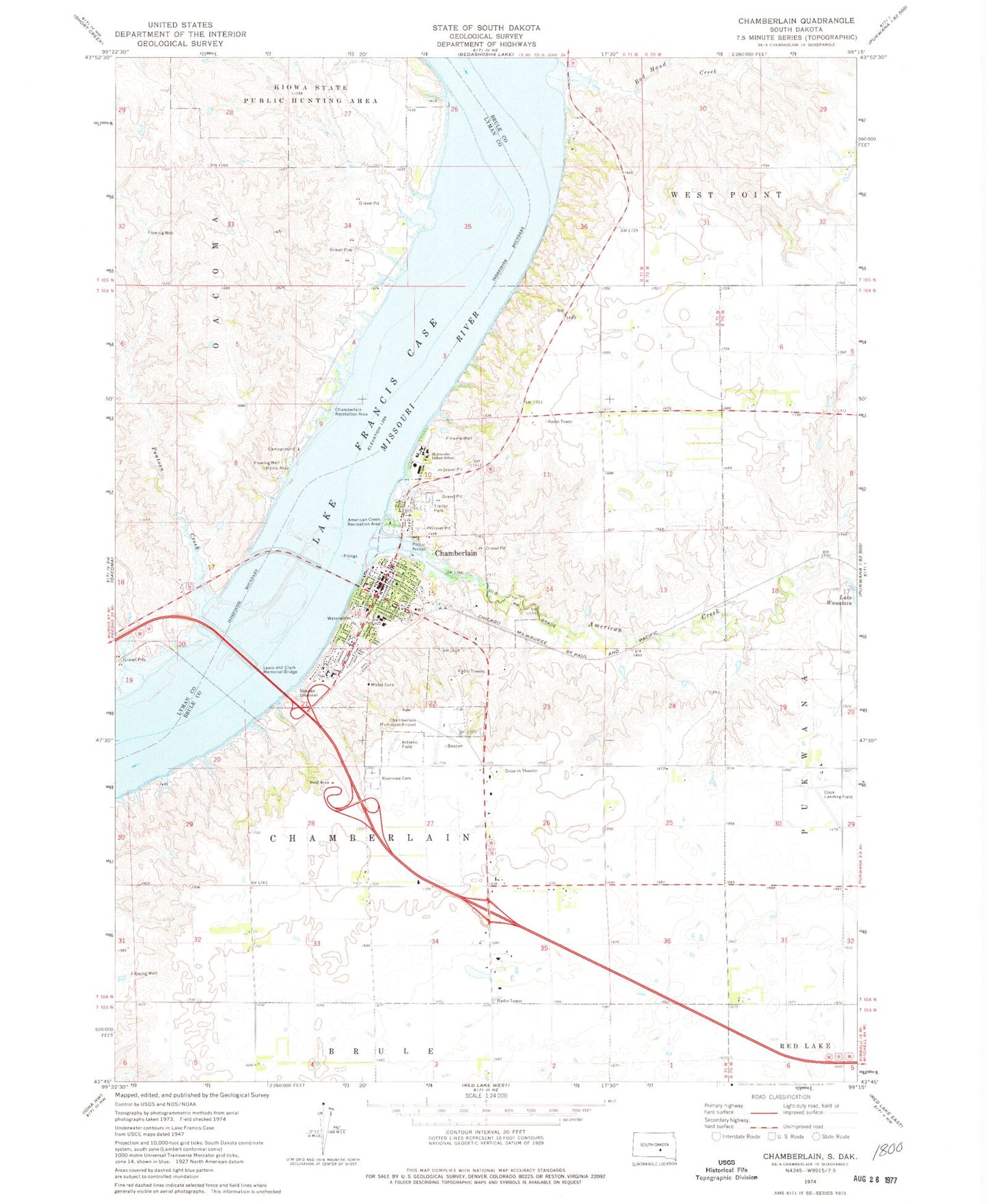 Classic USGS Chamberlain South Dakota 7.5'x7.5' Topo Map Image