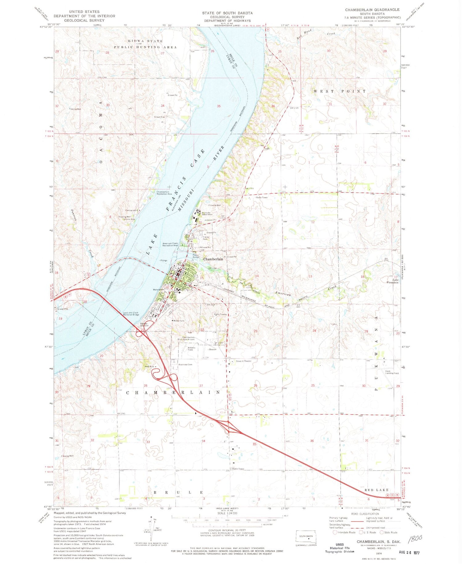 Classic USGS Chamberlain South Dakota 7.5'x7.5' Topo Map Image