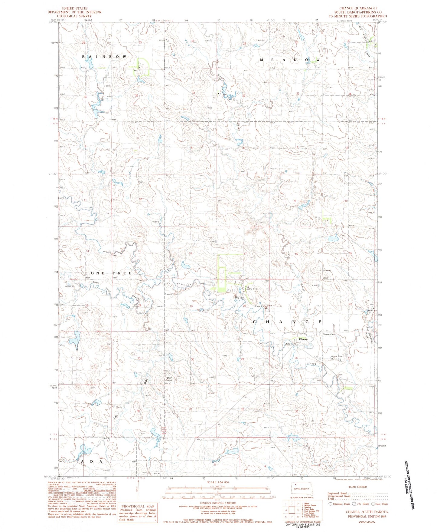 Classic USGS Chance South Dakota 7.5'x7.5' Topo Map Image