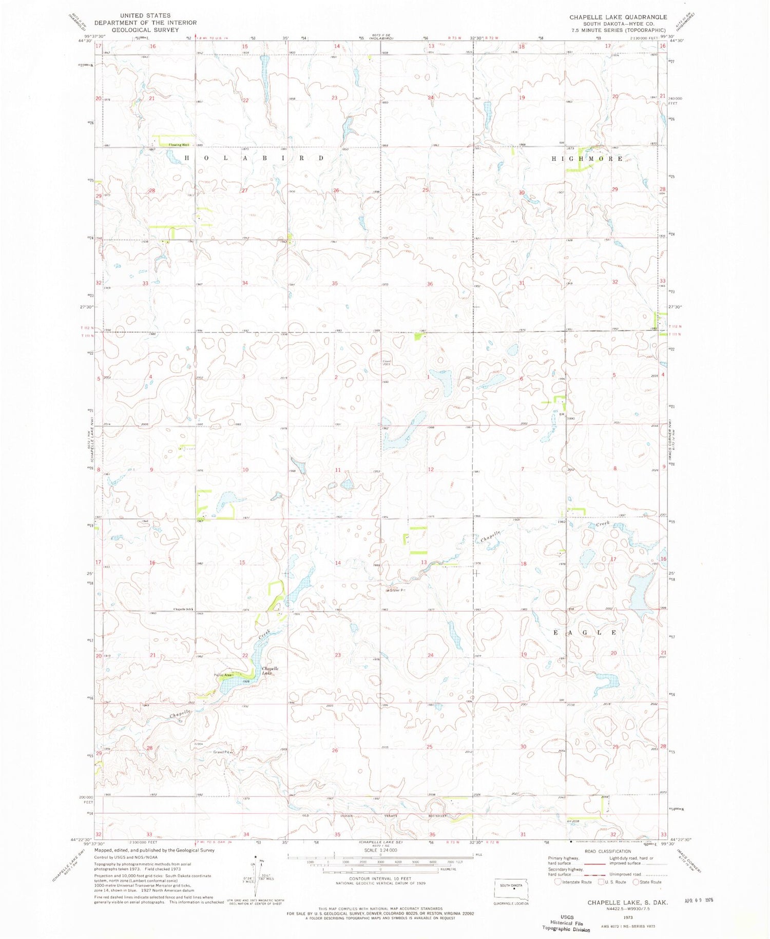 Classic USGS Chapelle Lake South Dakota 7.5'x7.5' Topo Map Image