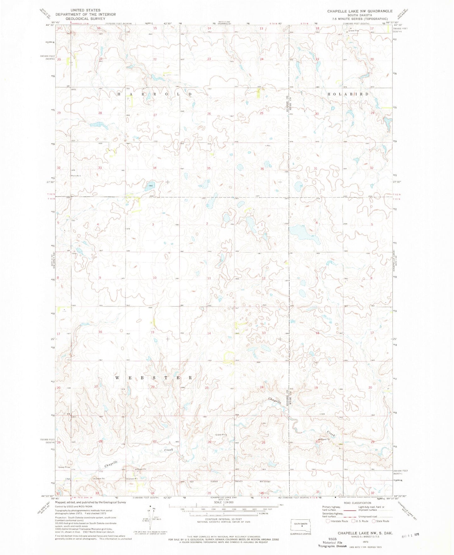 Classic USGS Chapelle Lake NW South Dakota 7.5'x7.5' Topo Map Image