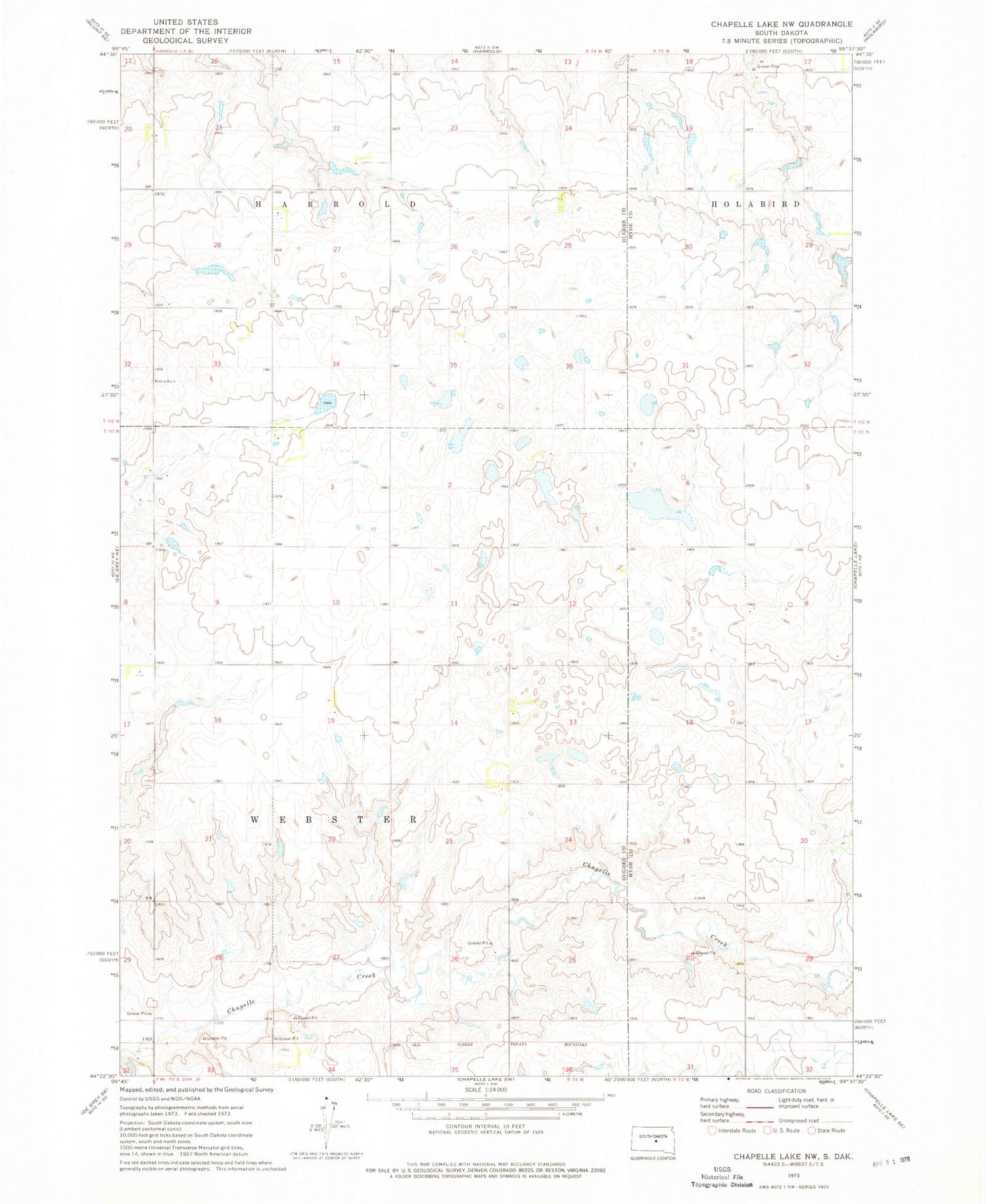 Classic USGS Chapelle Lake NW South Dakota 7.5'x7.5' Topo Map Image