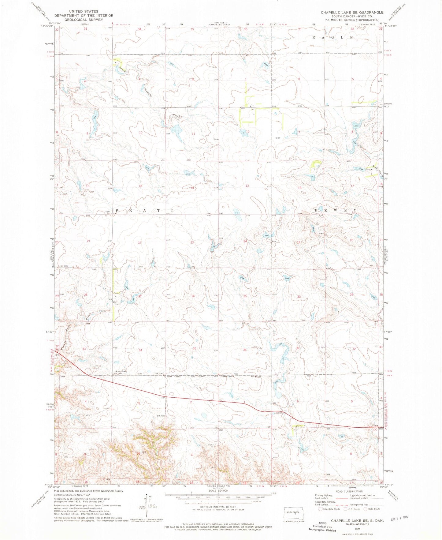 Classic USGS Chapelle Lake SE South Dakota 7.5'x7.5' Topo Map Image