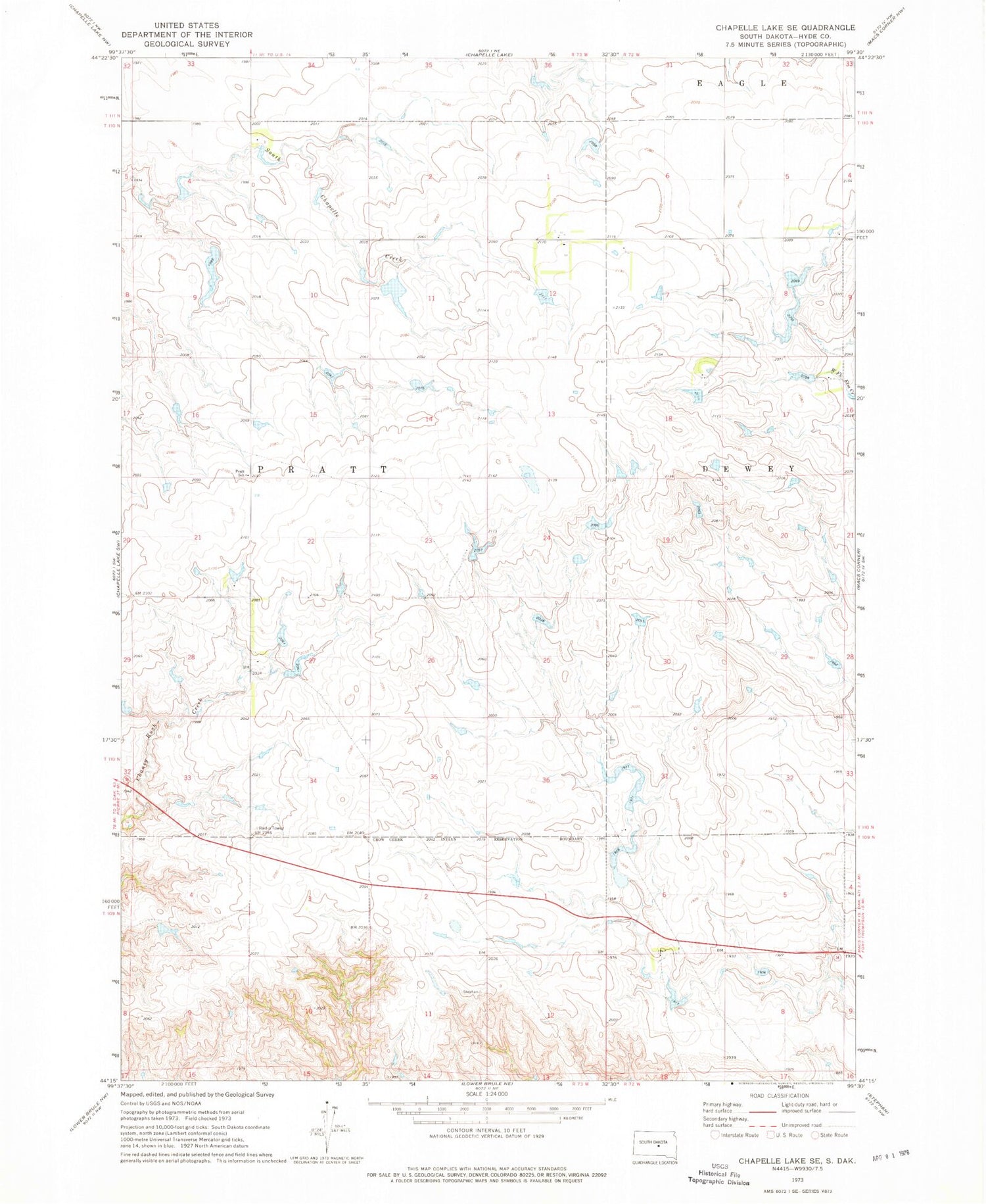 Classic USGS Chapelle Lake SE South Dakota 7.5'x7.5' Topo Map Image