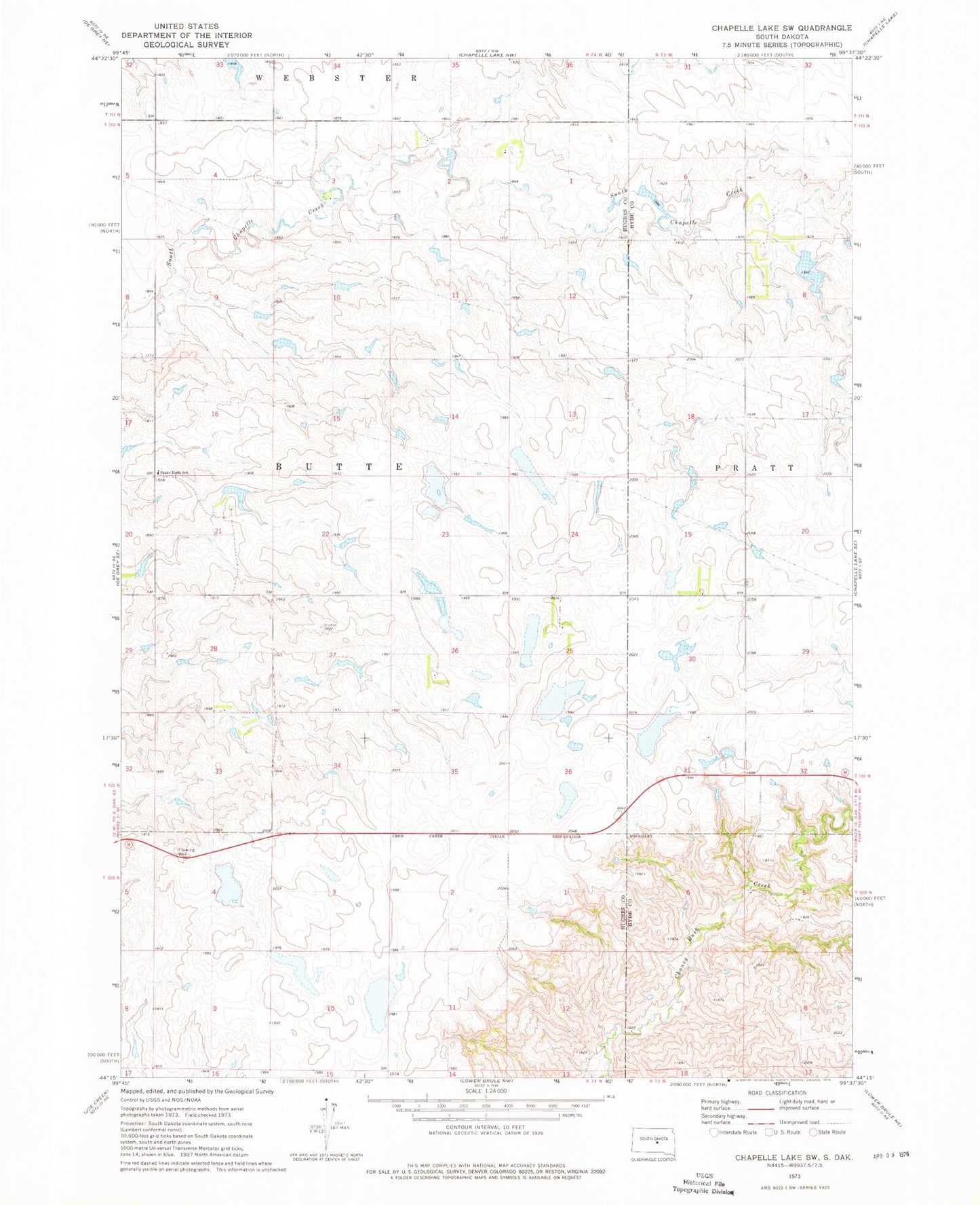 Classic USGS Chapelle Lake SW South Dakota 7.5'x7.5' Topo Map Image