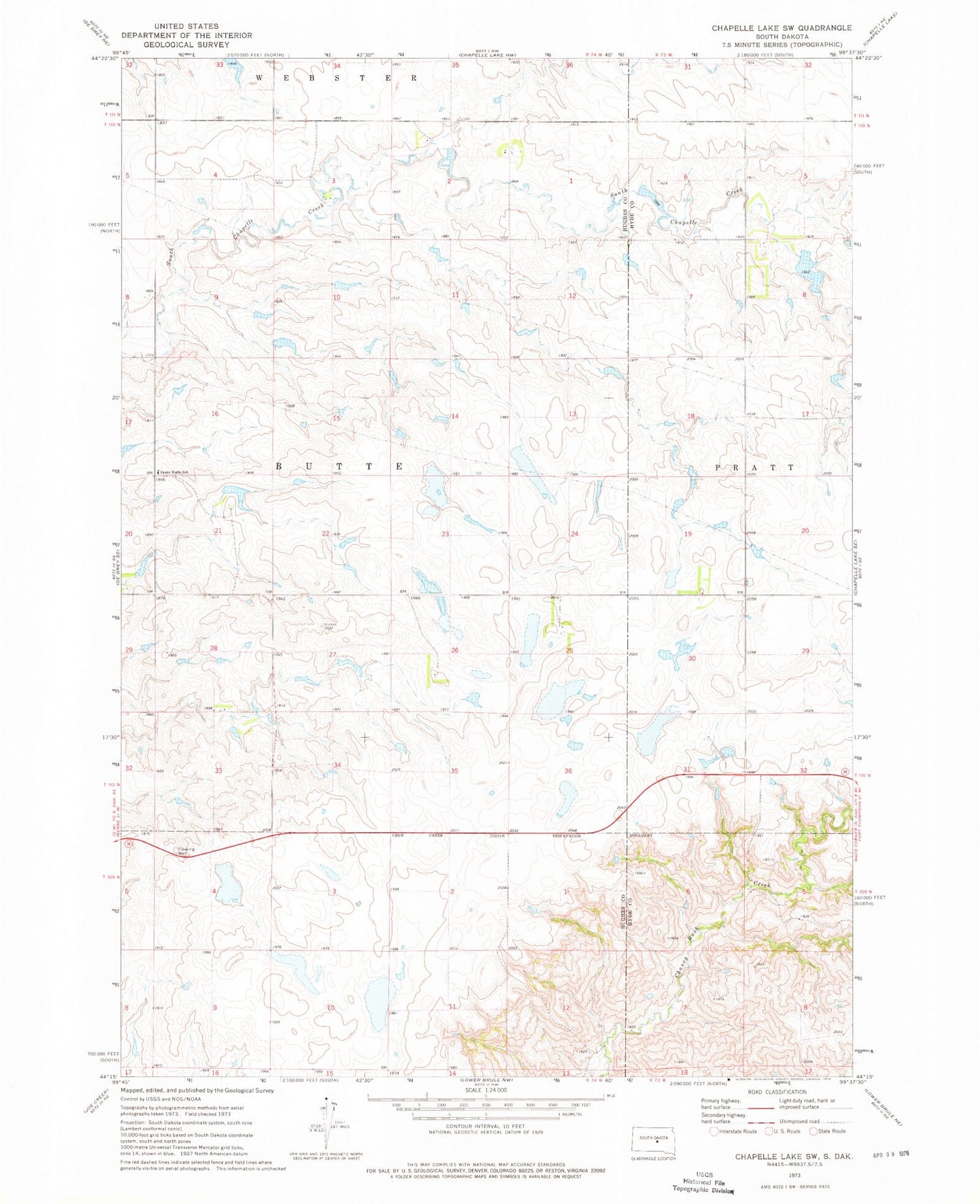 Classic USGS Chapelle Lake SW South Dakota 7.5'x7.5' Topo Map Image