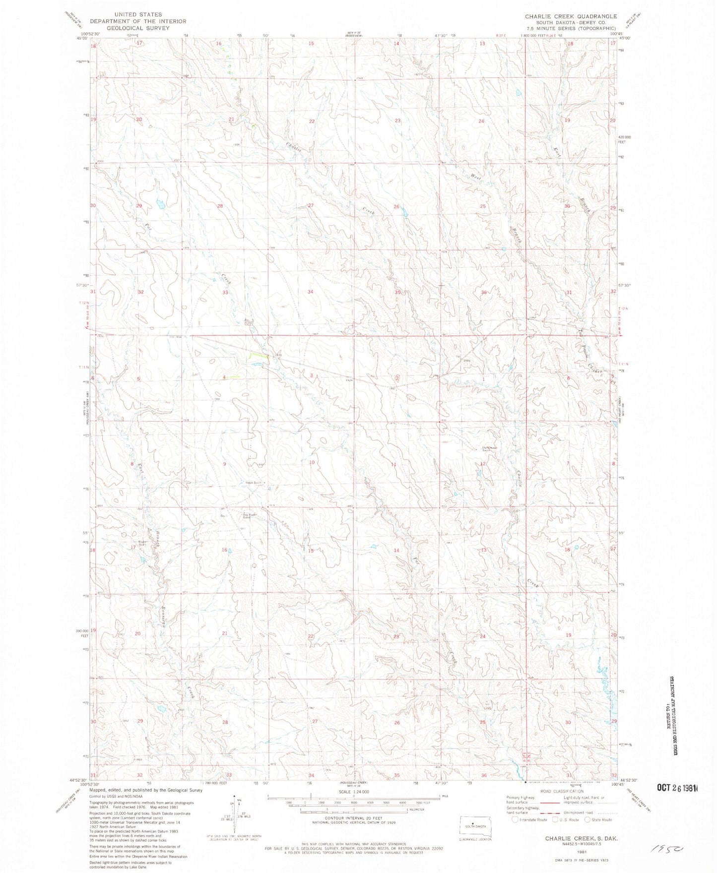Classic USGS Charlie Creek South Dakota 7.5'x7.5' Topo Map Image