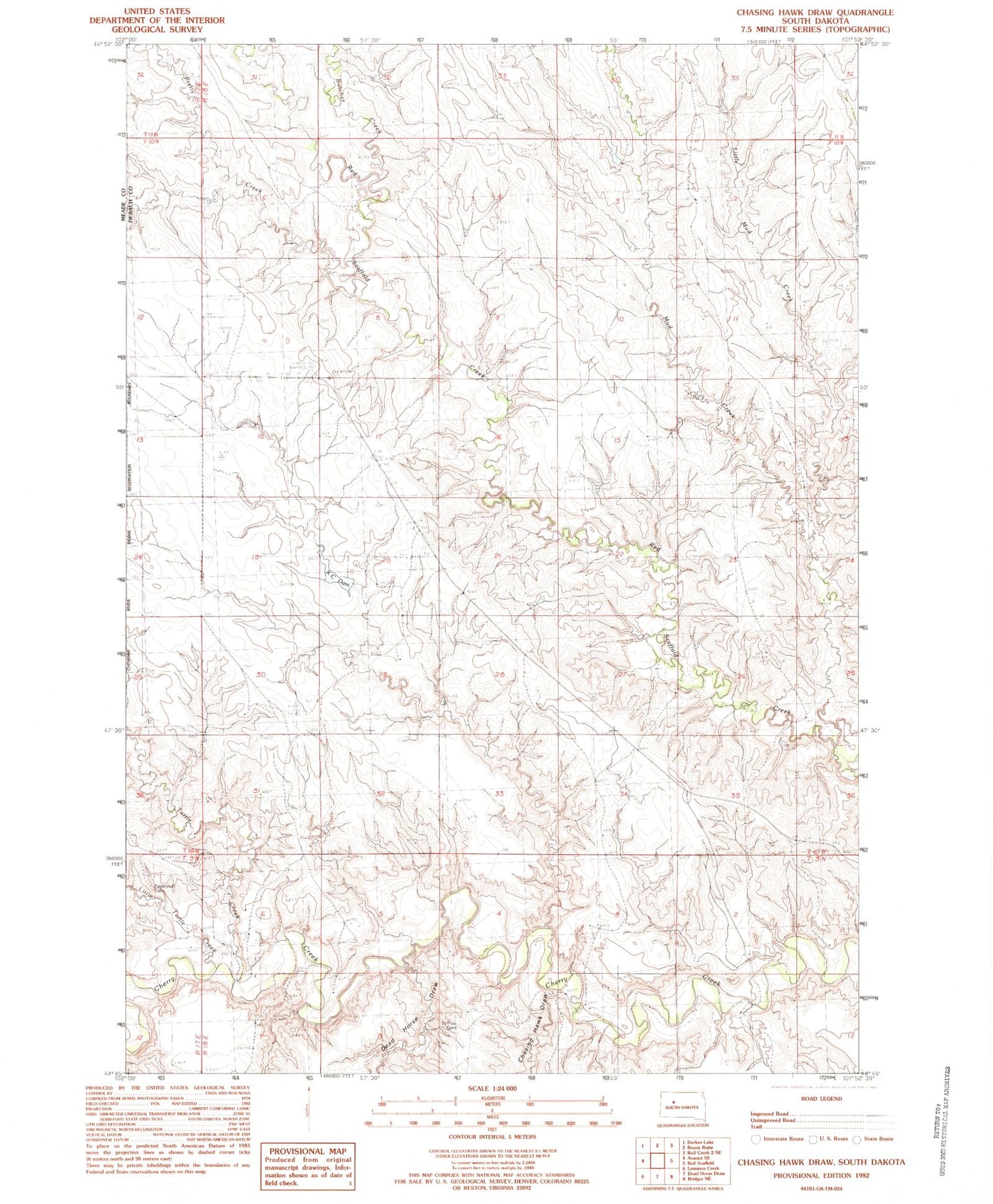 Classic USGS Chasing Hawk Draw South Dakota 7.5'x7.5' Topo Map Image