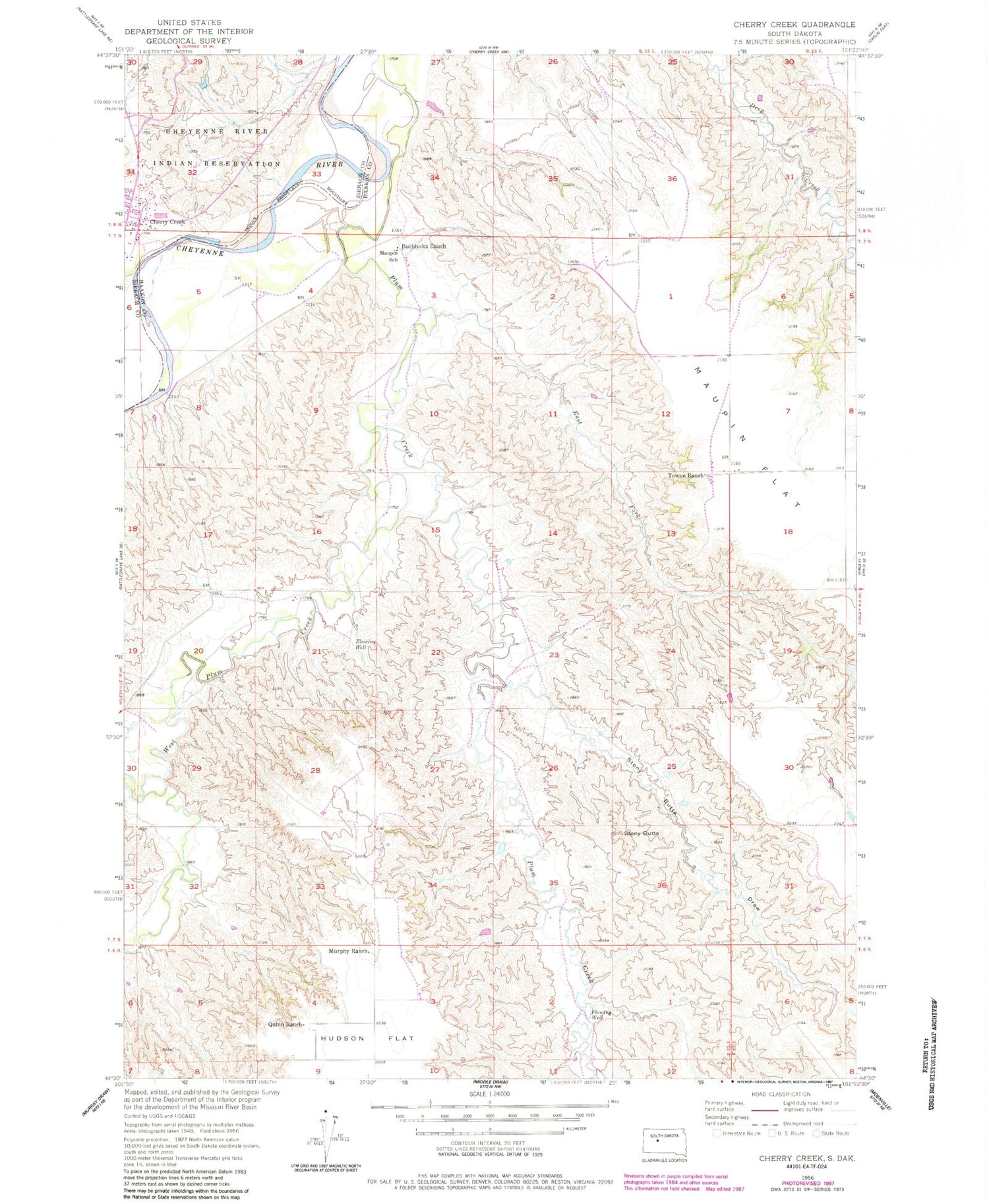 Classic USGS Cherry Creek South Dakota 7.5'x7.5' Topo Map Image