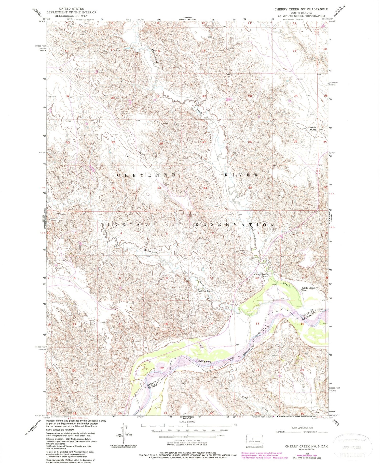 Classic USGS Cherry Creek NW South Dakota 7.5'x7.5' Topo Map Image