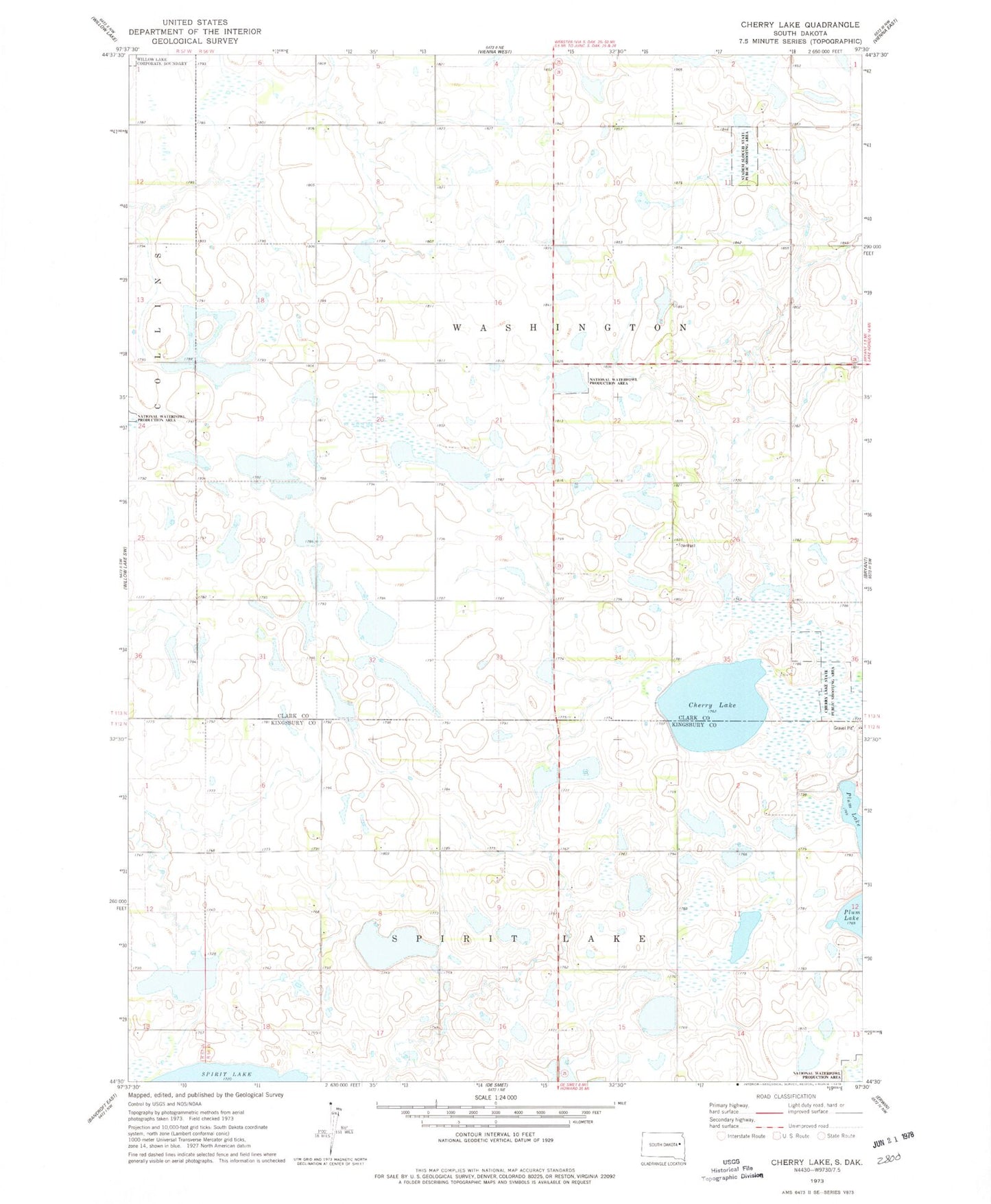 Classic USGS Cherry Lake South Dakota 7.5'x7.5' Topo Map Image
