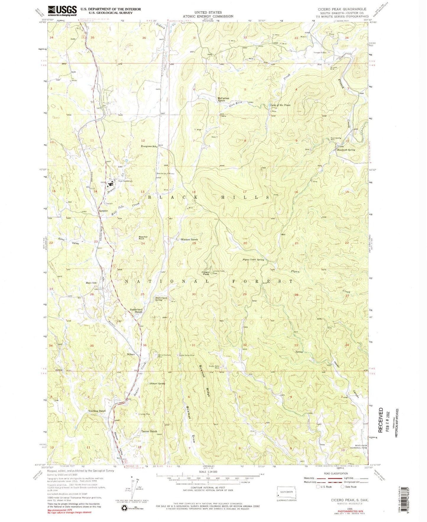 Classic USGS Cicero Peak South Dakota 7.5'x7.5' Topo Map Image