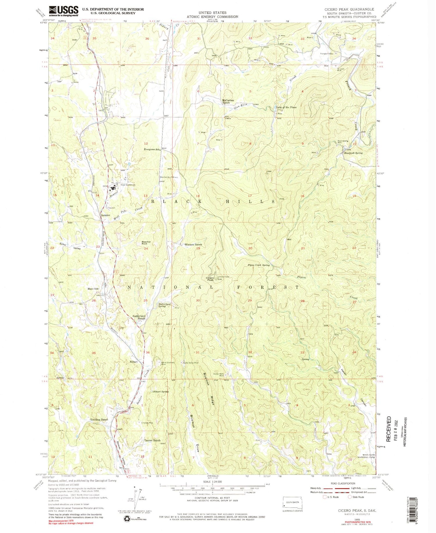 Classic USGS Cicero Peak South Dakota 7.5'x7.5' Topo Map Image