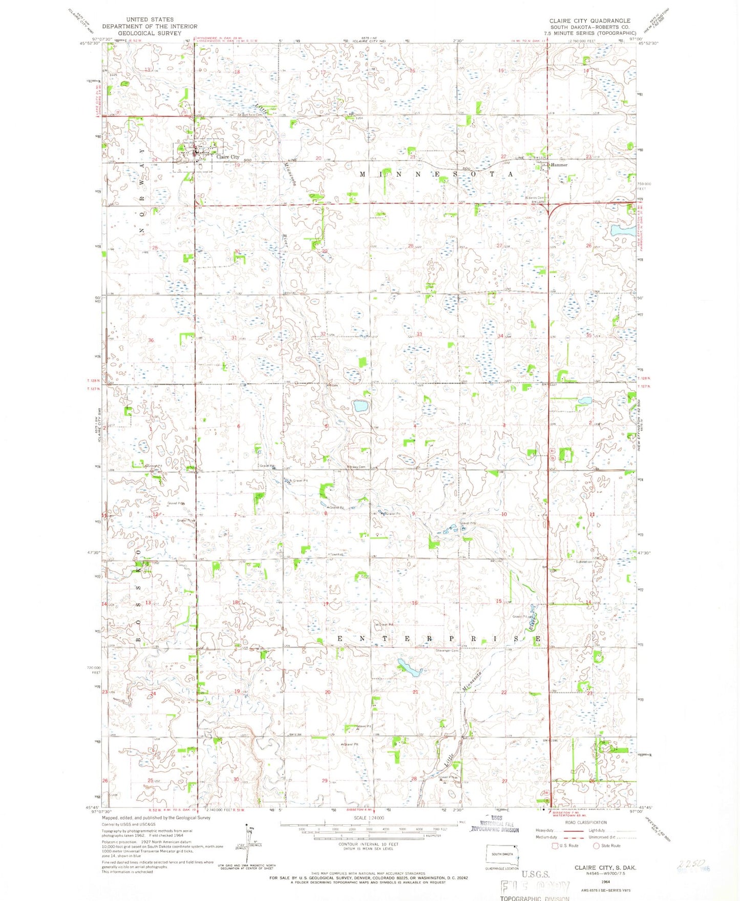 Classic USGS Claire City South Dakota 7.5'x7.5' Topo Map Image