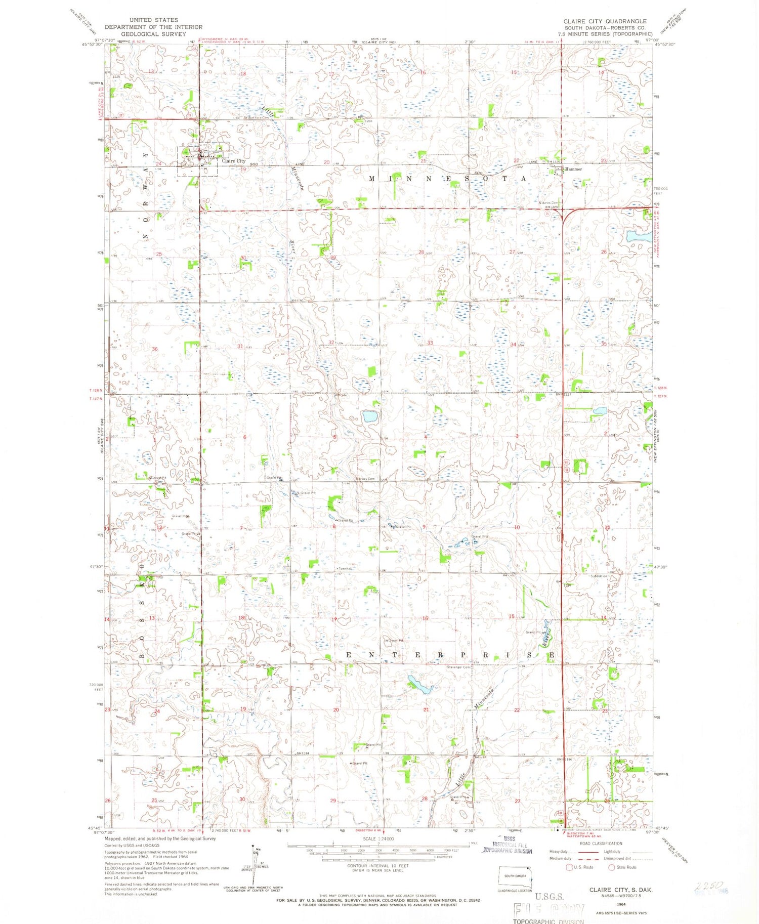 Classic USGS Claire City South Dakota 7.5'x7.5' Topo Map Image