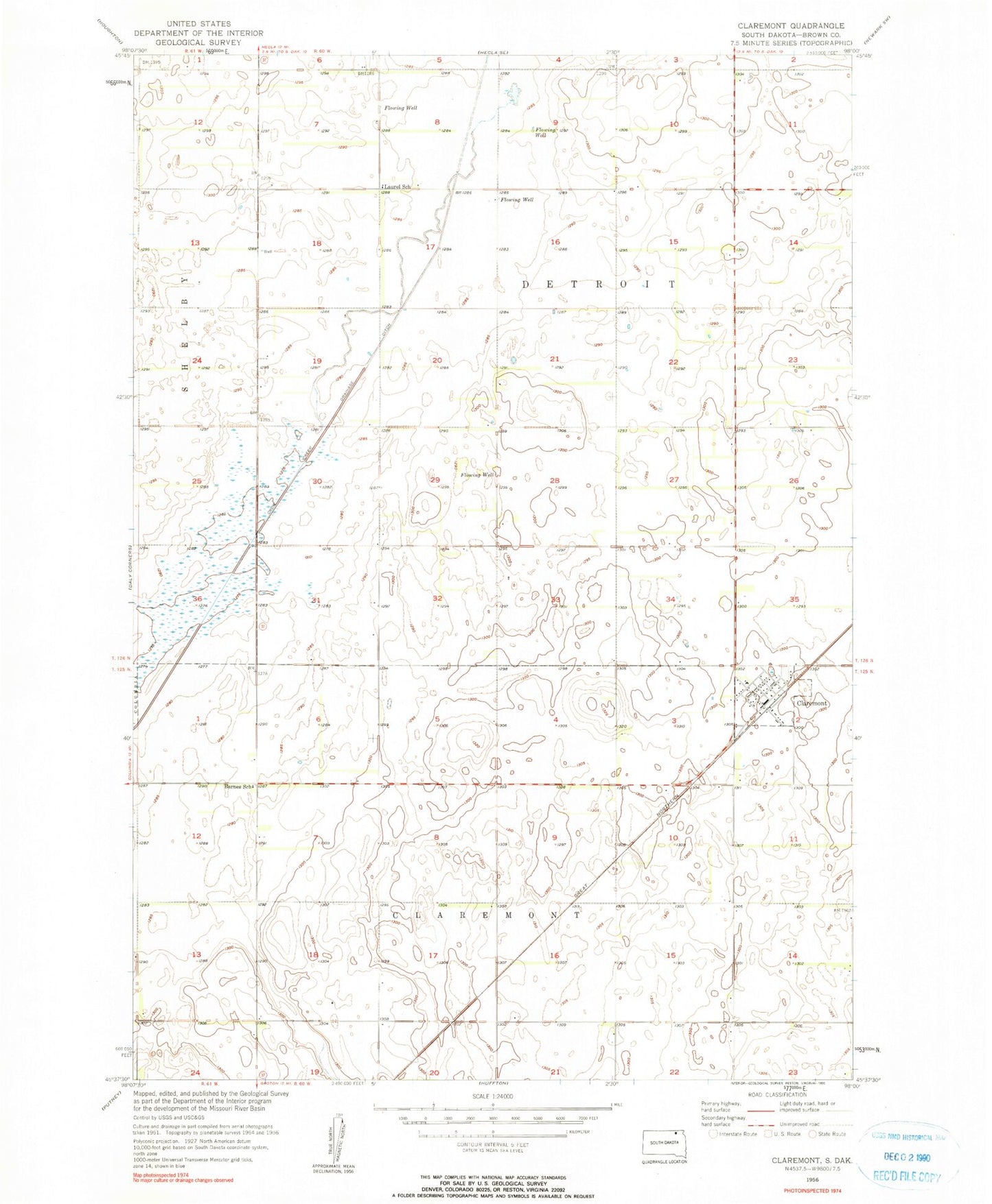 Classic USGS Claremont South Dakota 7.5'x7.5' Topo Map Image
