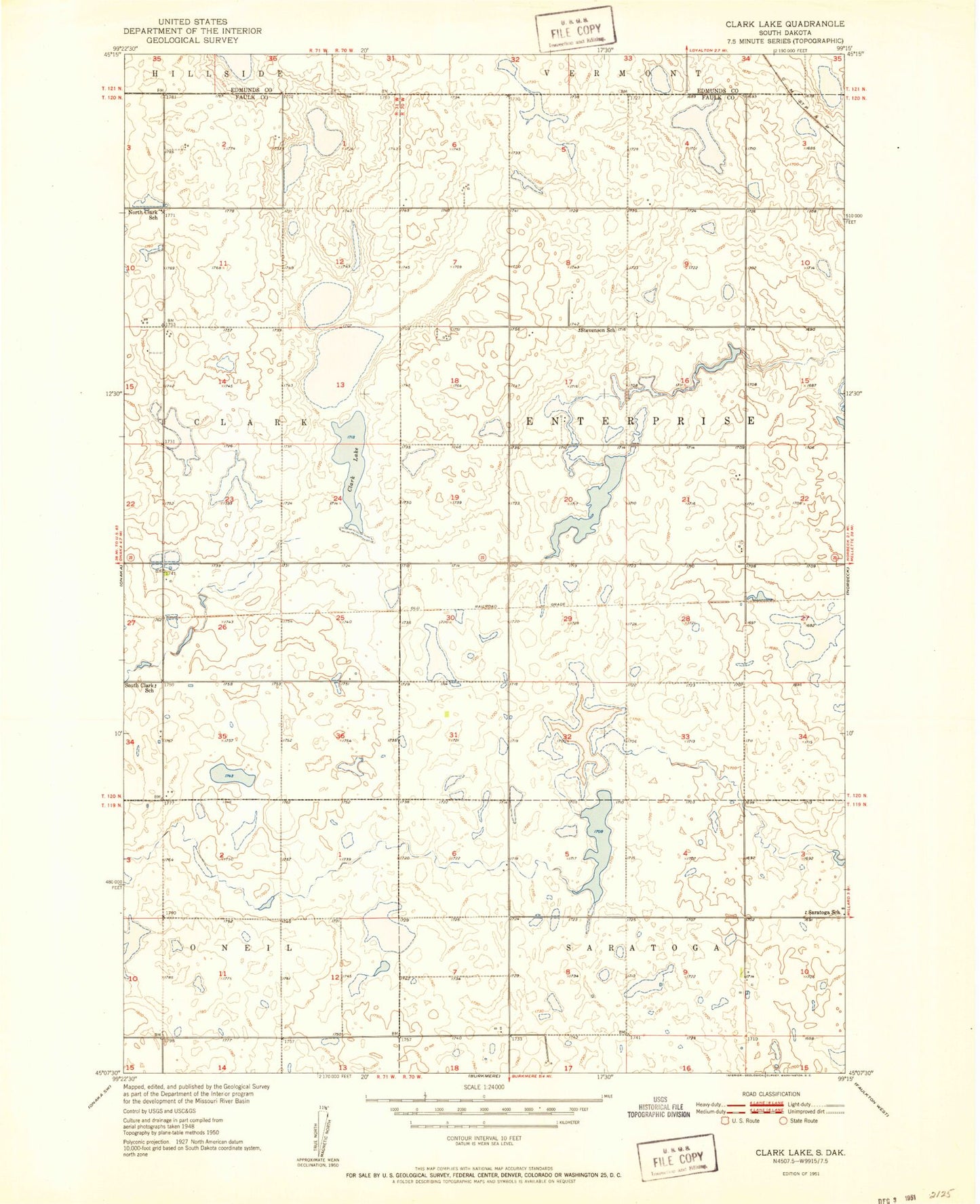 Classic USGS Clark Lake South Dakota 7.5'x7.5' Topo Map Image