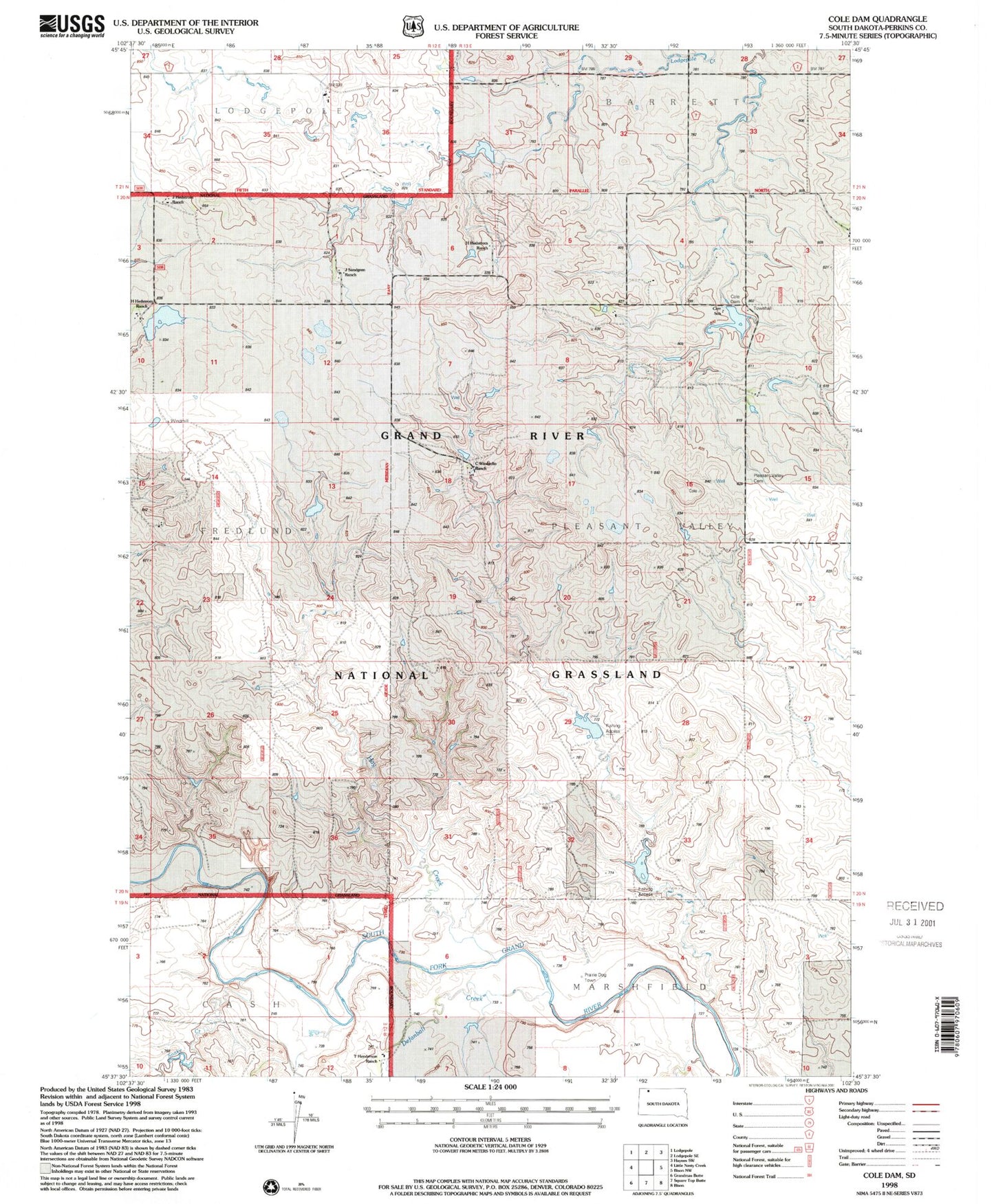 Classic USGS Cole Dam South Dakota 7.5'x7.5' Topo Map Image