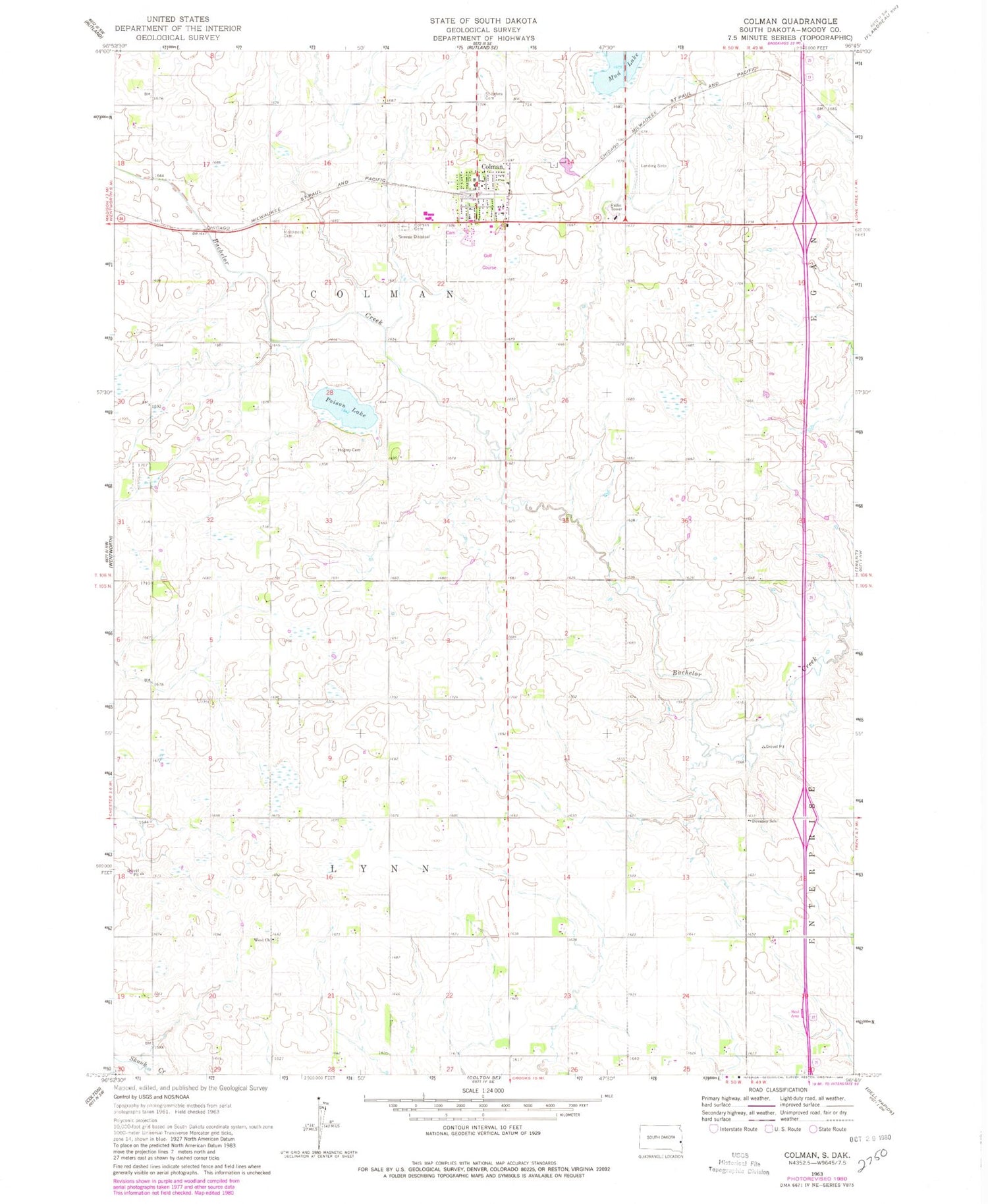 Classic USGS Colman South Dakota 7.5'x7.5' Topo Map Image