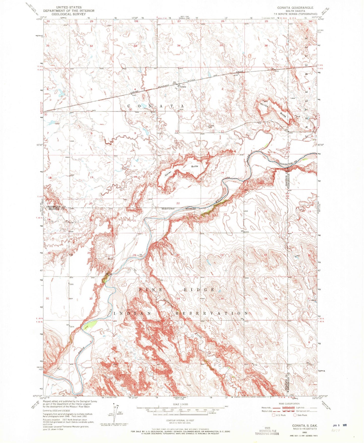Classic USGS Conata South Dakota 7.5'x7.5' Topo Map Image