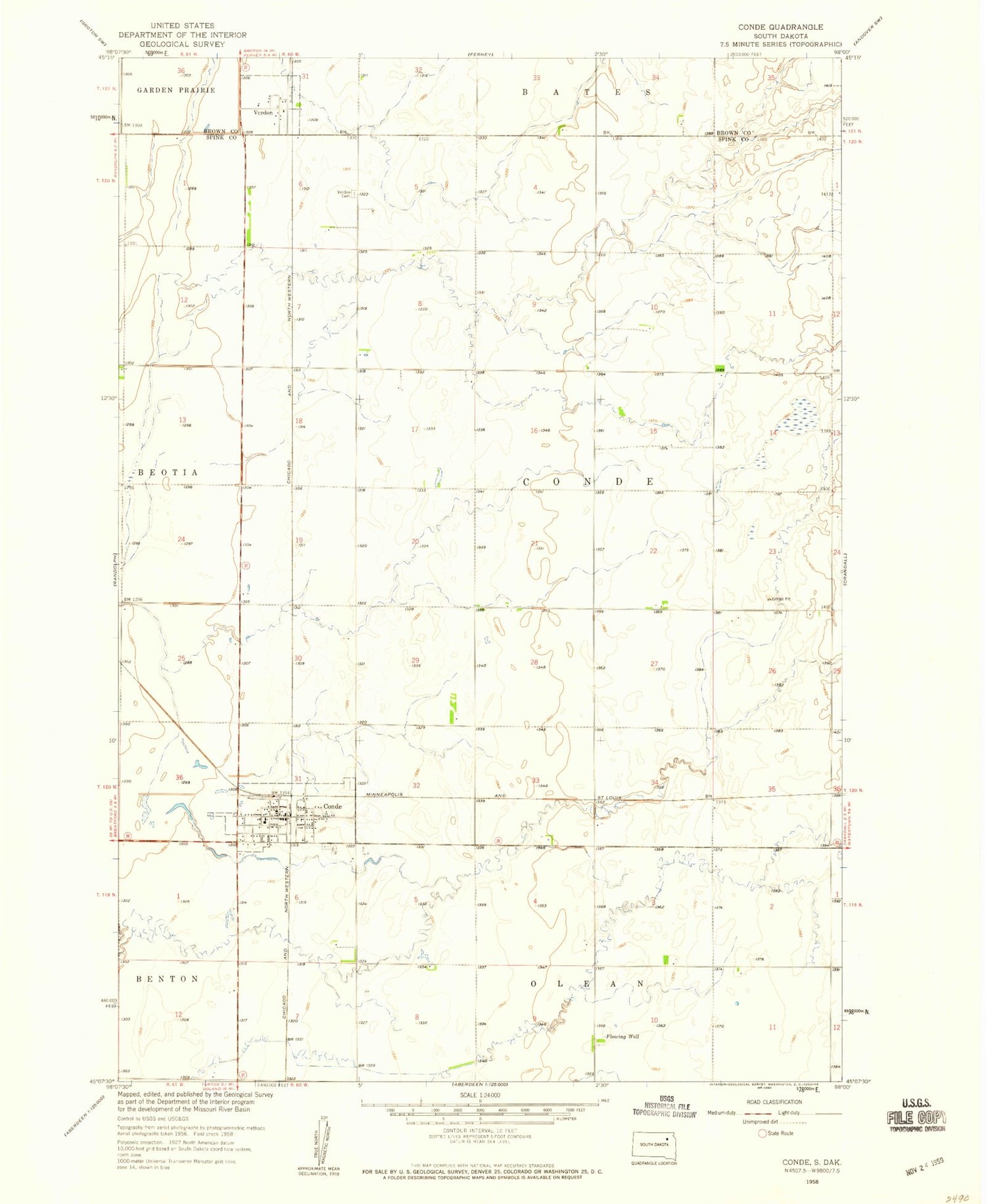 Classic USGS Conde South Dakota 7.5'x7.5' Topo Map Image