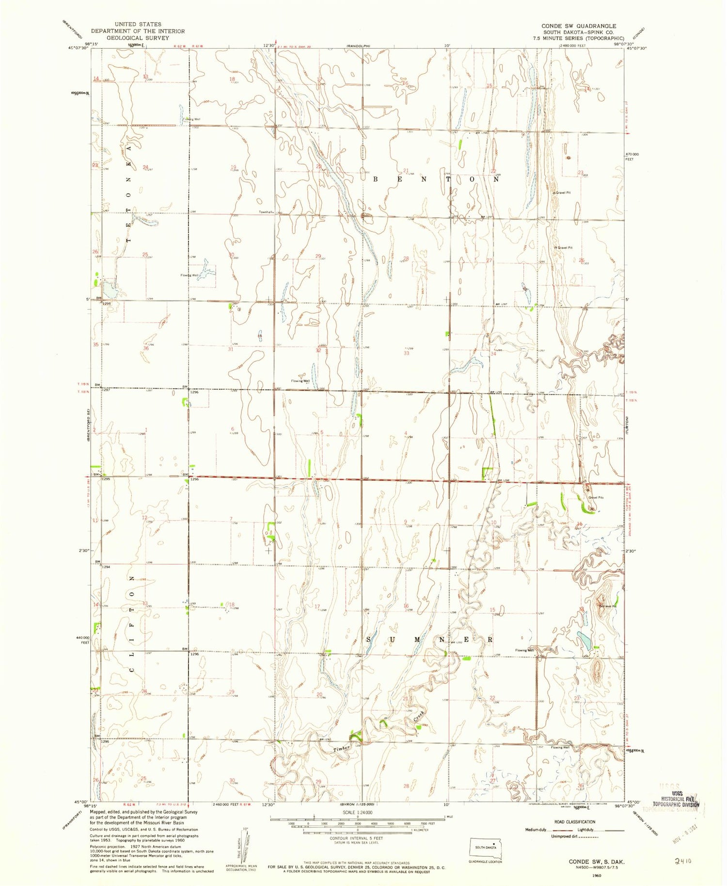 Classic USGS Conde SW South Dakota 7.5'x7.5' Topo Map Image